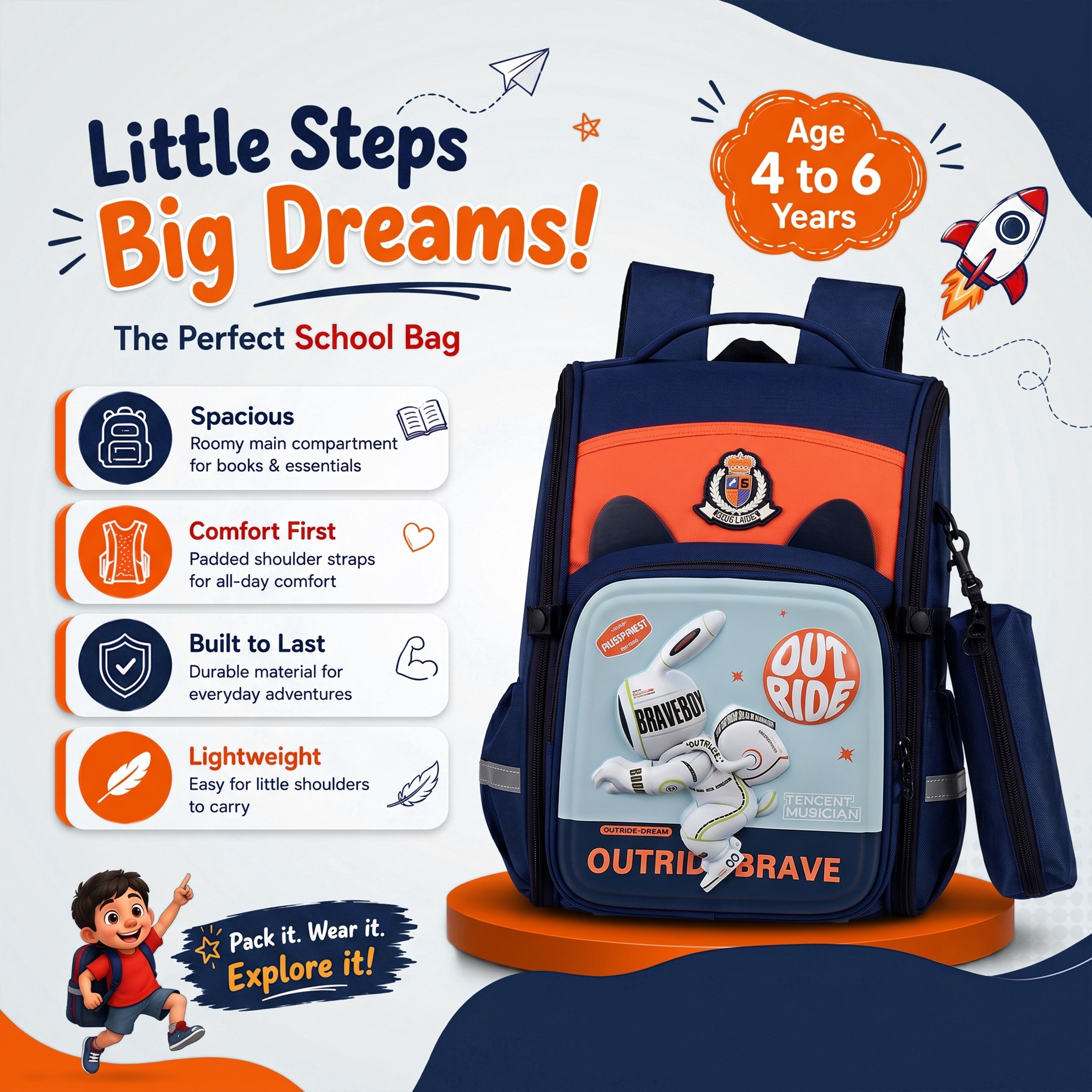 Young Minds Kids Backpack – Durable, Stylish & Spacious School Bag (Blue & Orange)
