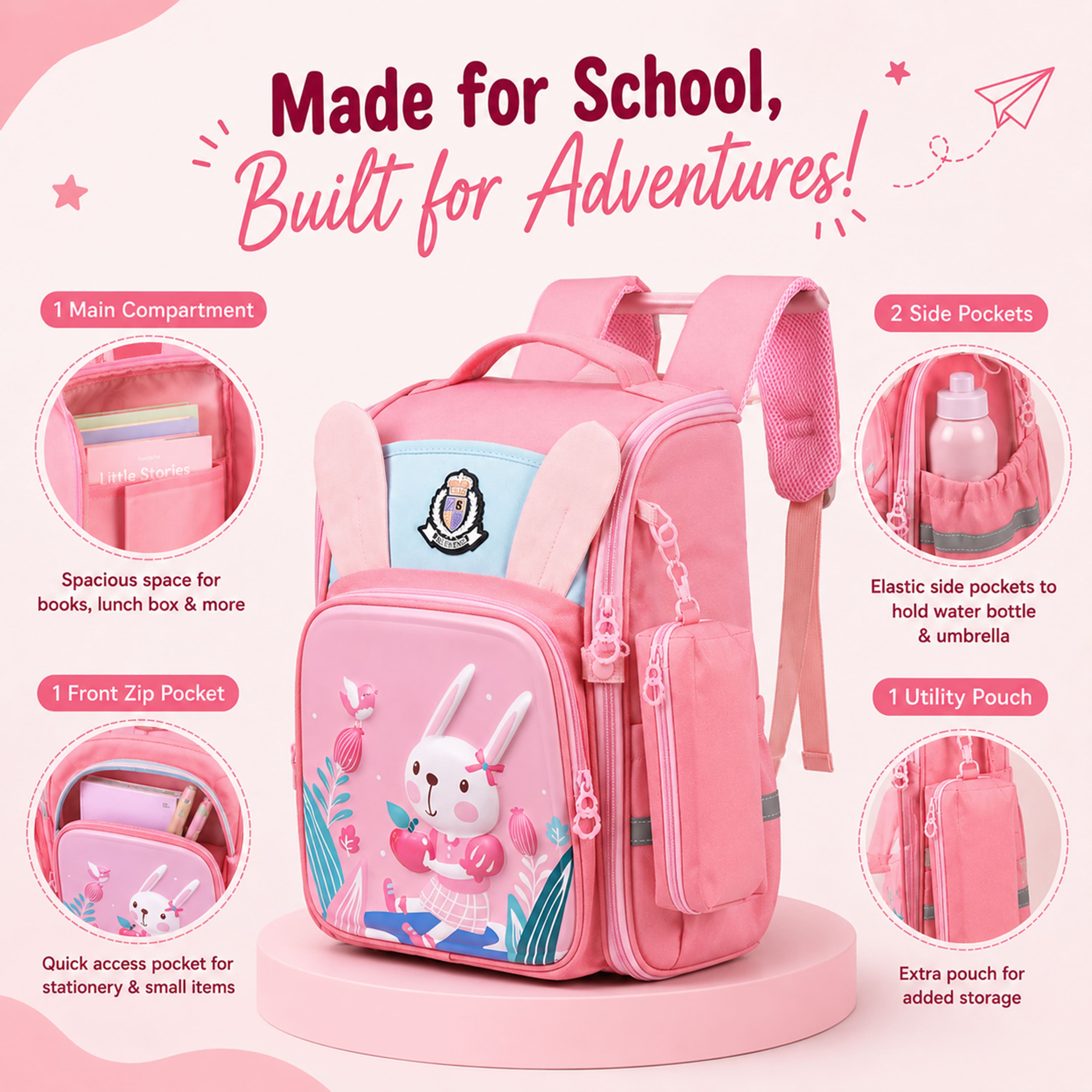 Young Minds Kids Backpack – Durable, Stylish & Spacious School Bag (Pink)