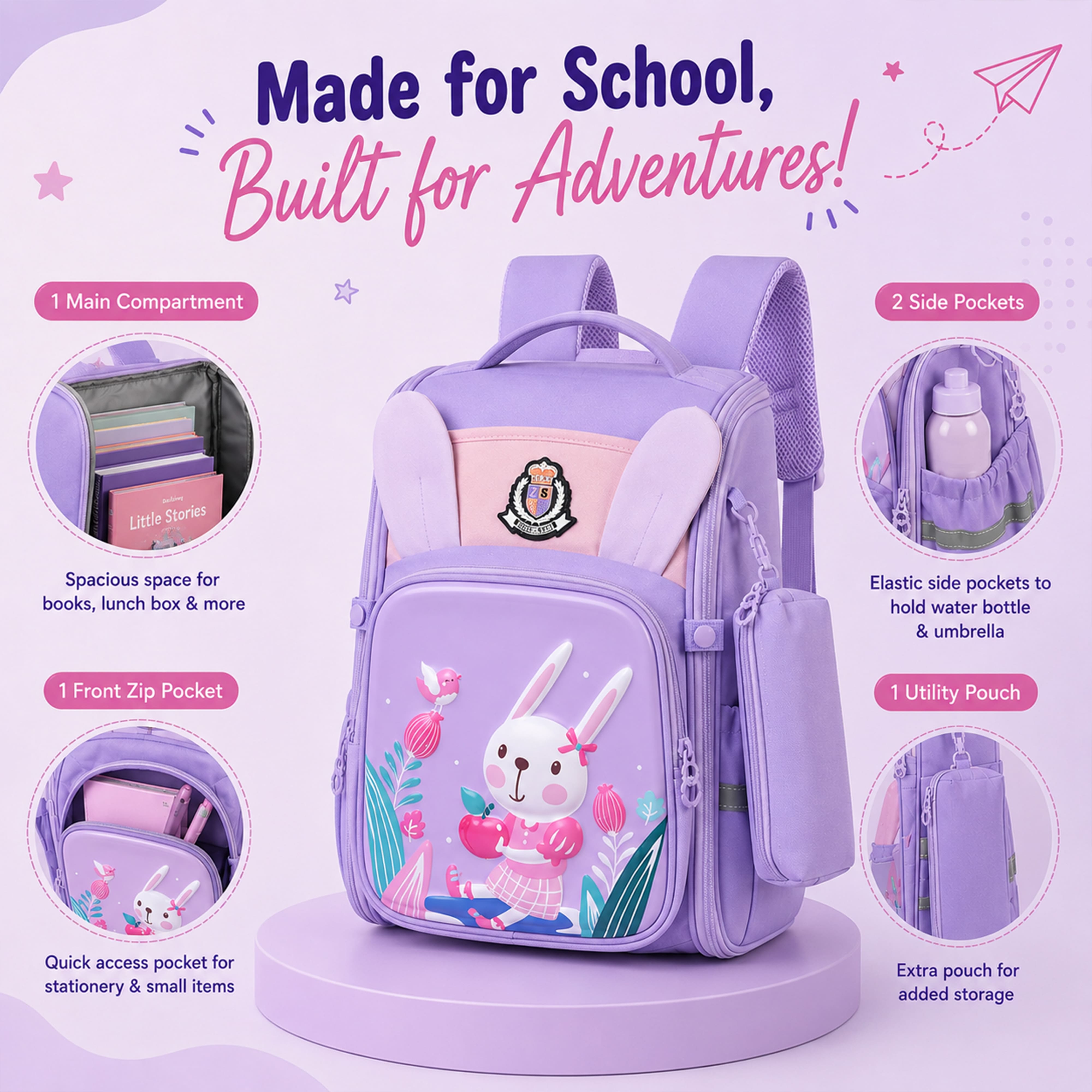Young Minds Kids Backpack – Durable, Stylish & Spacious School Bag (Purple)