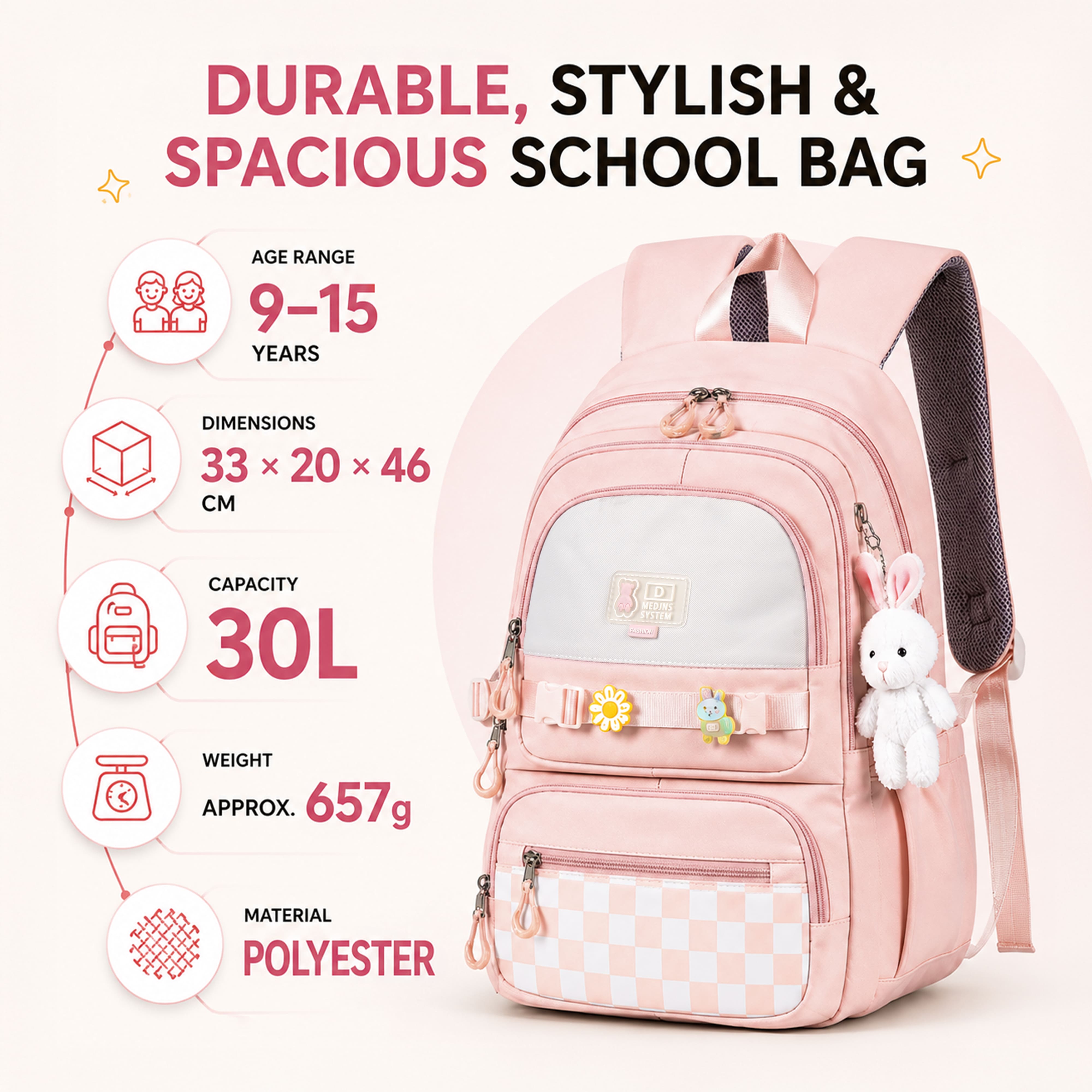 Buy MyneeMoe Sweet Pastel Girls Backpack – Durable, Stylish & Spacious School Bag (Pink) - School Bag at MyneeMoe Online In India