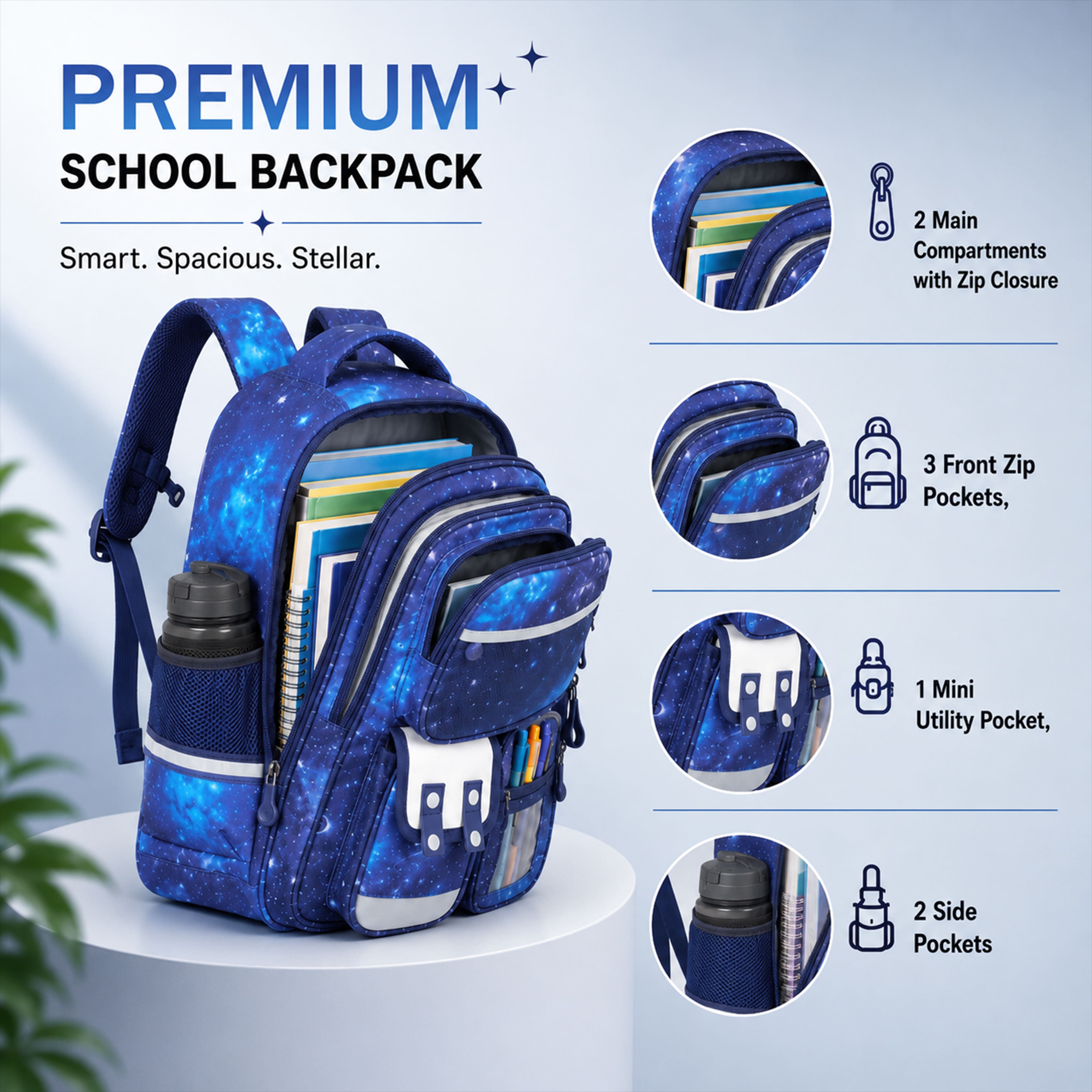 Brainy Bundle Galaxy Kids Backpack – Durable, Stylish & Spacious School Bag (Blue)