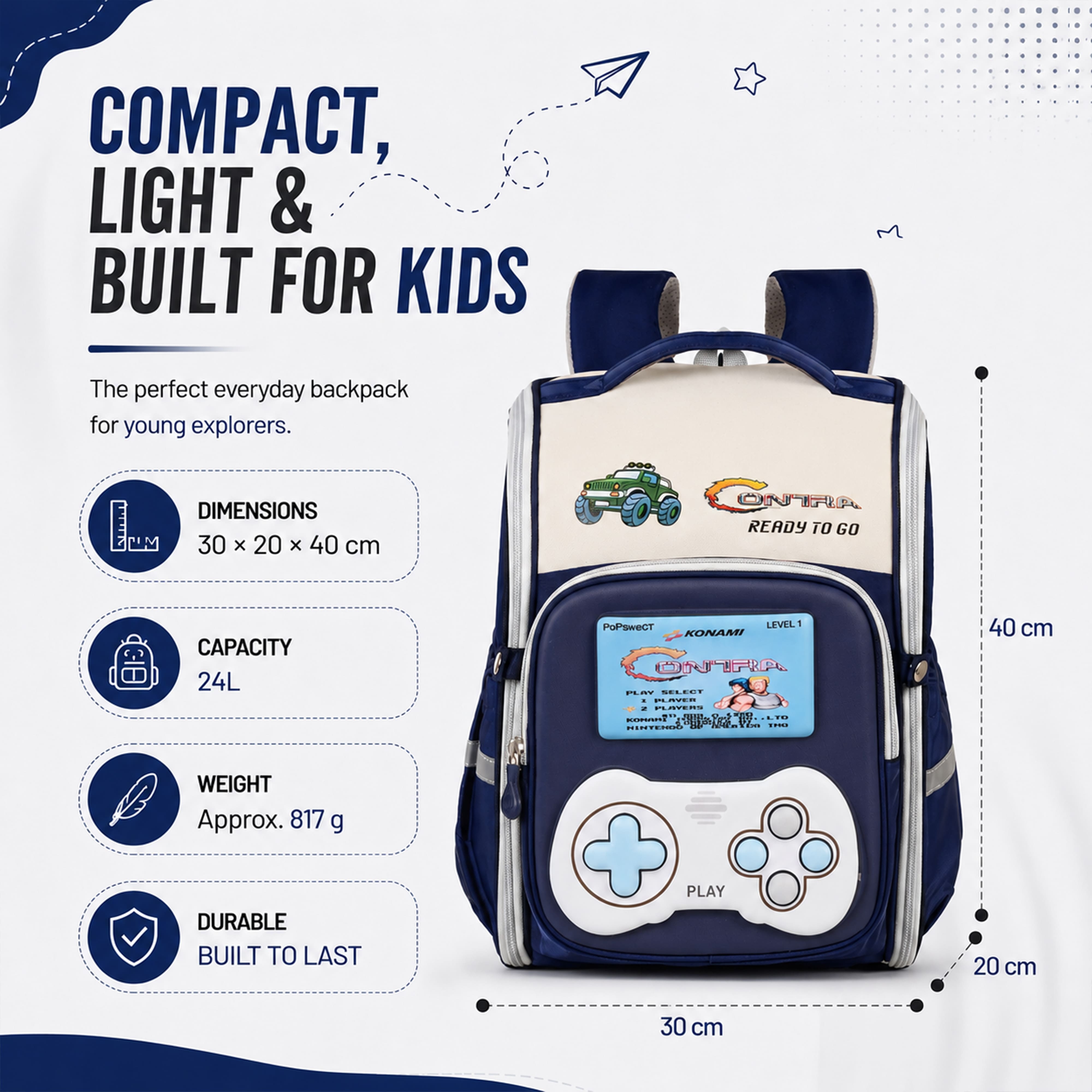 Play Box Kids School Backpack – Durable, Stylish & Spacious School Bag (Blue & Grey)