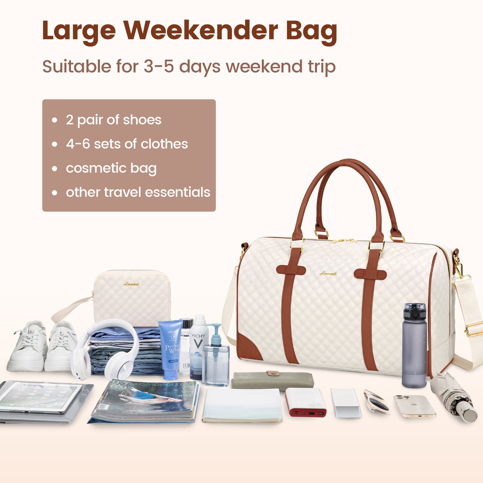 Buy MyneeMoe Lovevook All-in-One 3-Piece Beige & Brown Travel Set for Weekend Escapes - Travel & Tote Bags at MyneeMoe Online In India