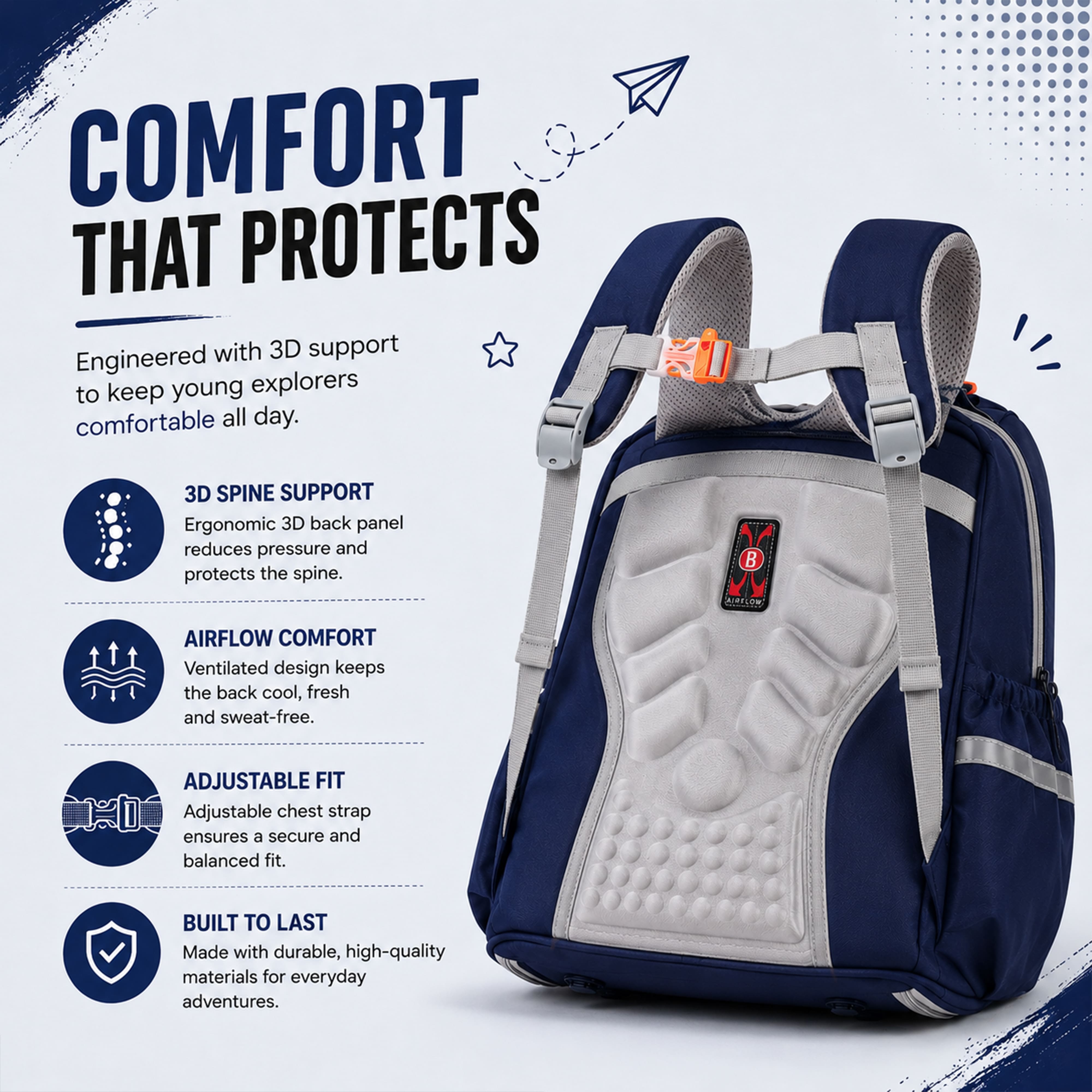 Play Box Kids School Backpack – Durable, Stylish & Spacious School Bag (Blue & Grey)