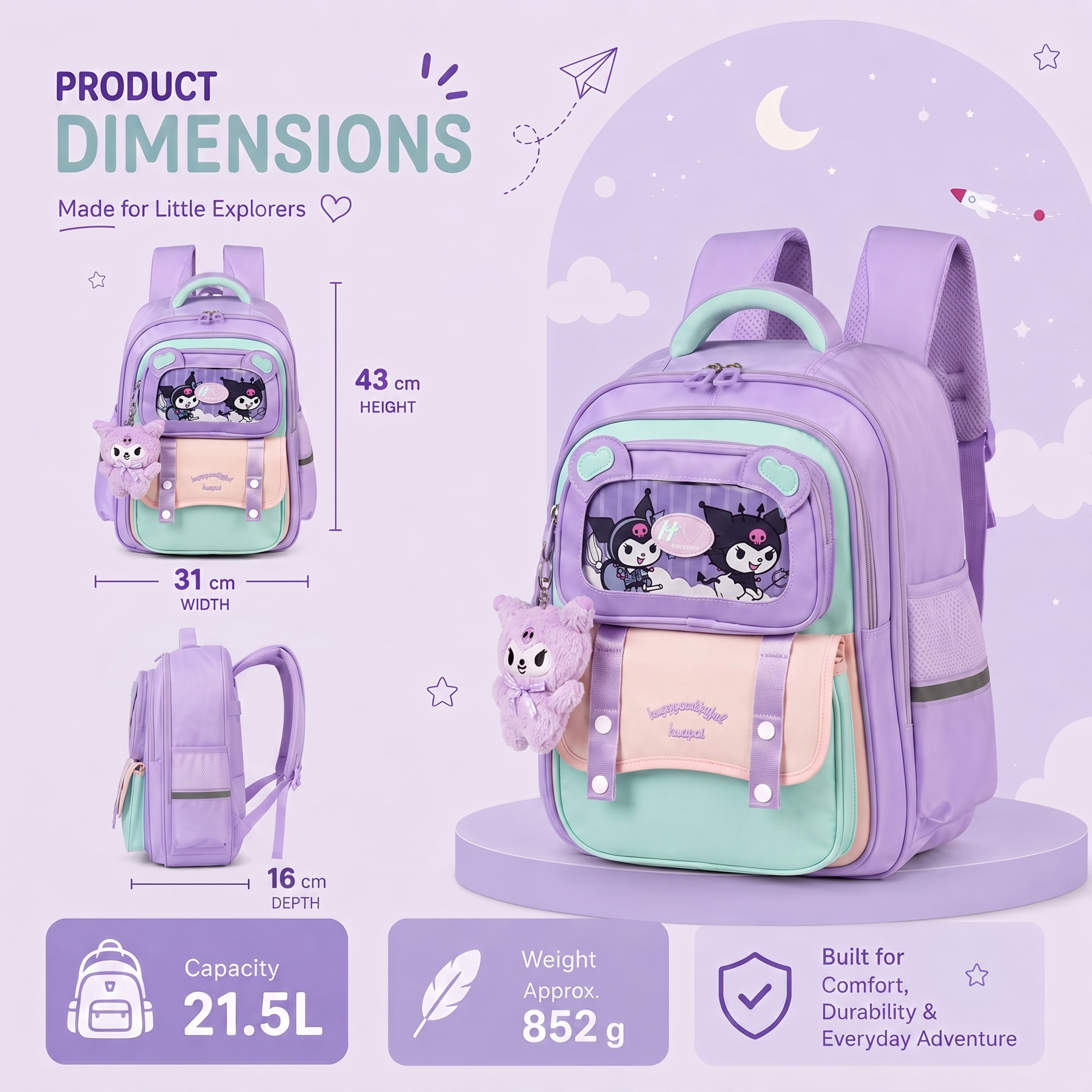 Explorer Kids School Backpack – Water-Resistant & Spacious School Bag (Purple)