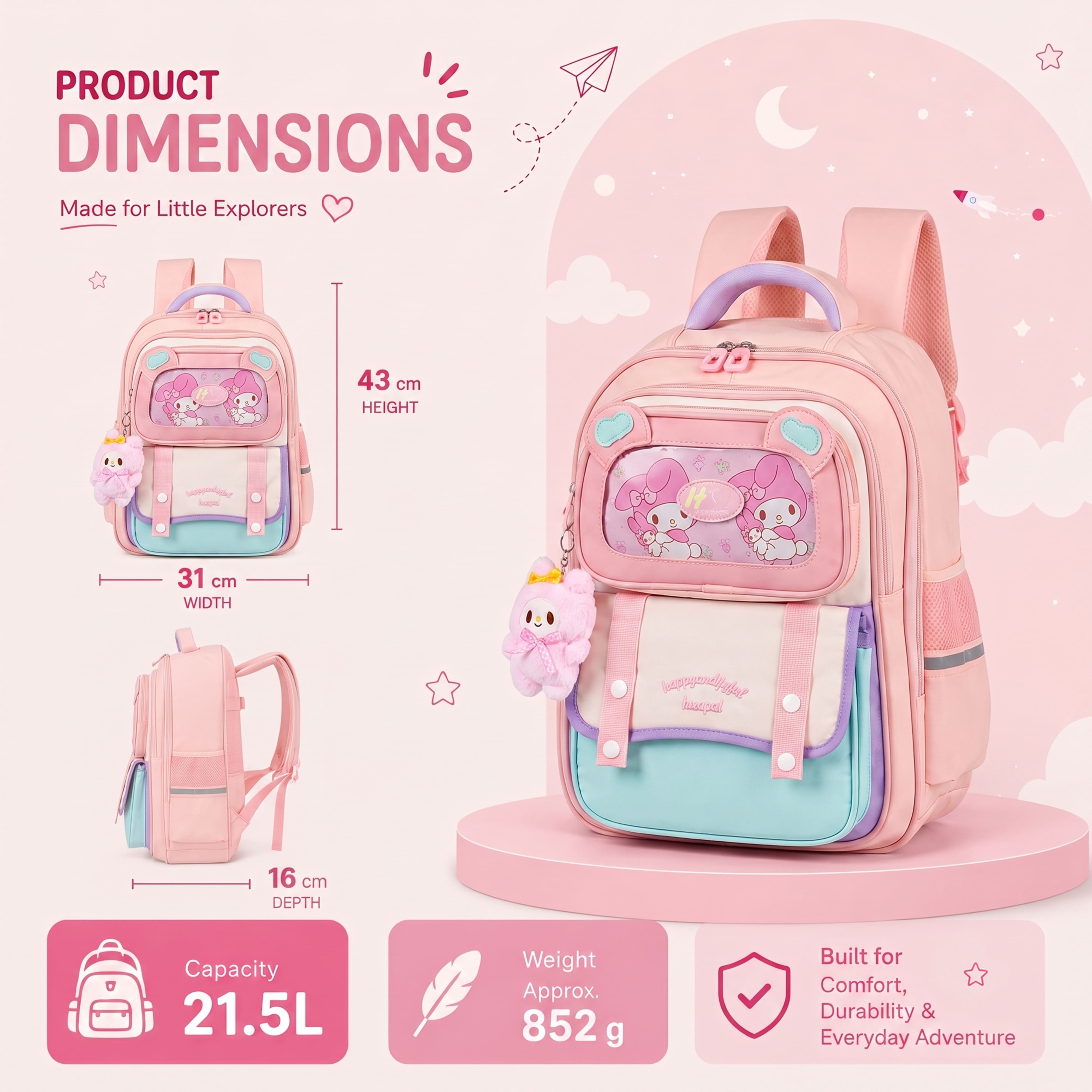 Buy MyneeMoe Explorer Kids School Backpack – Water-Resistant & Spacious School Bag (Pink) - School Bag at MyneeMoe Online In India