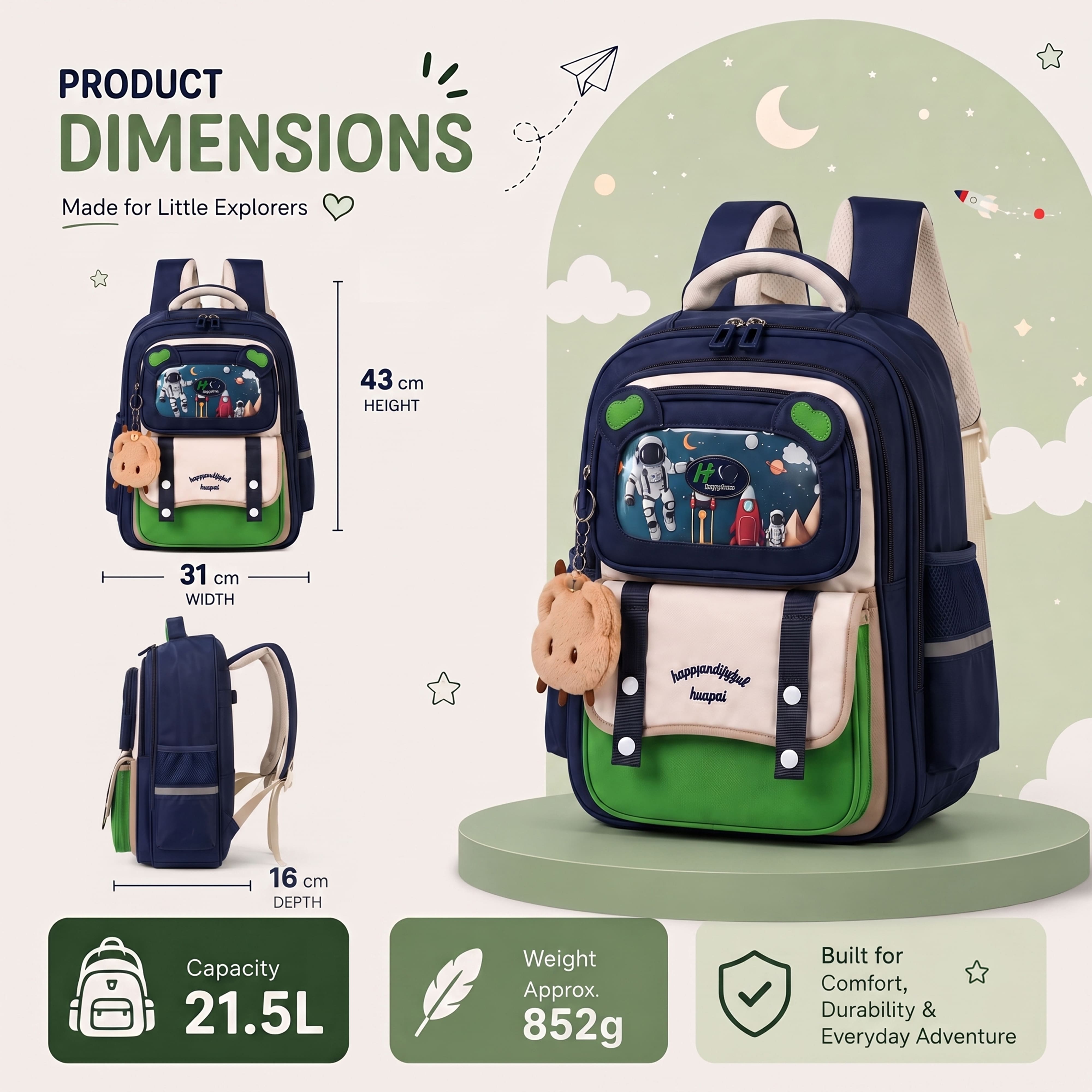 Buy MyneeMoe Explorer Kids School Backpack – Water-Resistant & Spacious School Bag (Blue & Green) - School Bag at MyneeMoe Online In India