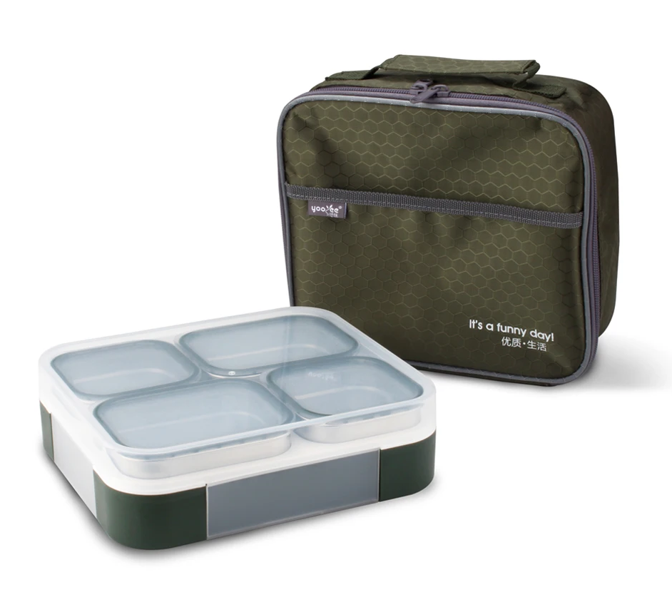 Buy Meal Station 4 Compartment Stainless Steel Bento Lunch Box with Bag Green at Myneemoe Online In India