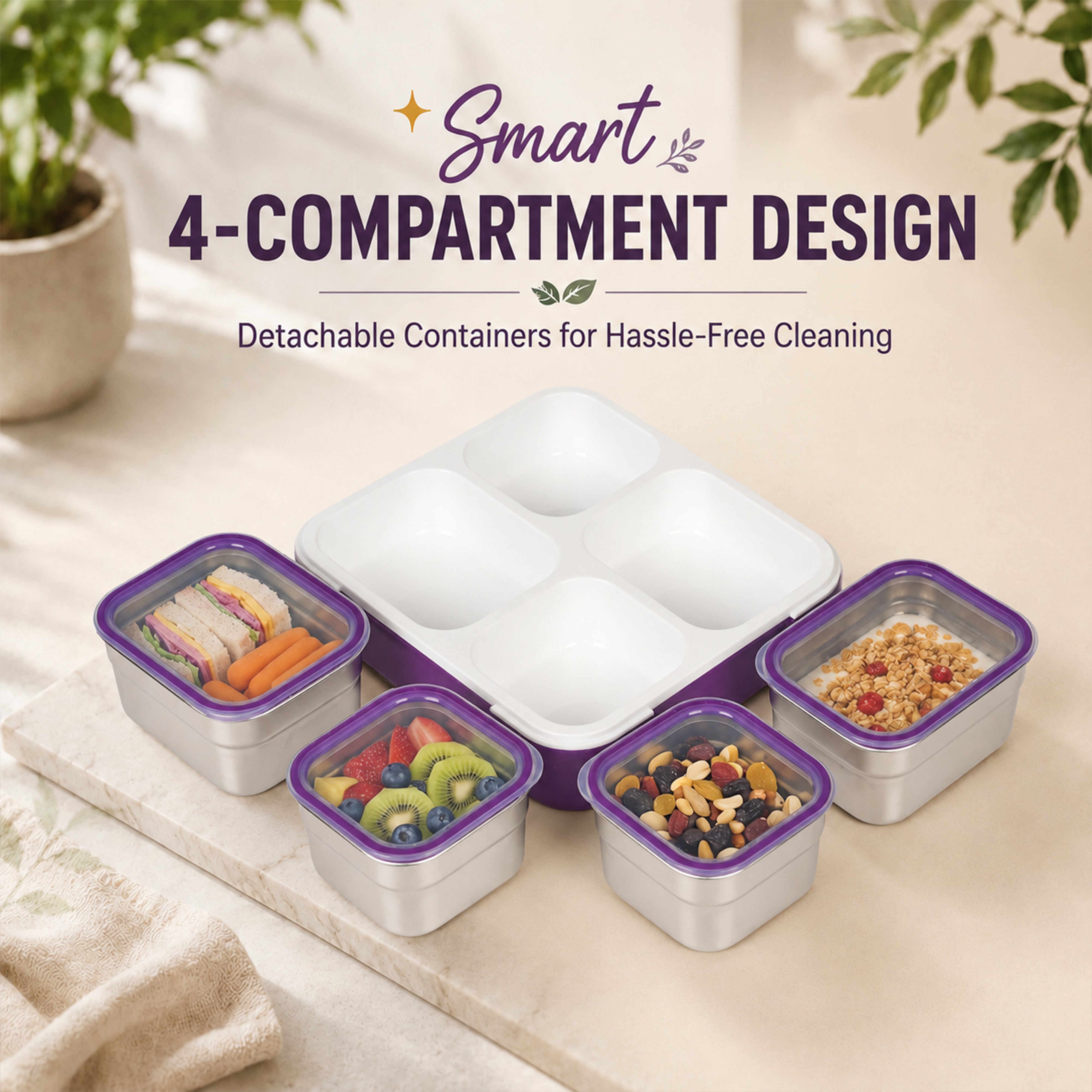 Buy MyneeMoe Meal Station 4 Compartment Stainless Steel Bento Lunch Box with Bag - Bento Lunch Box at MyneeMoe Online In India