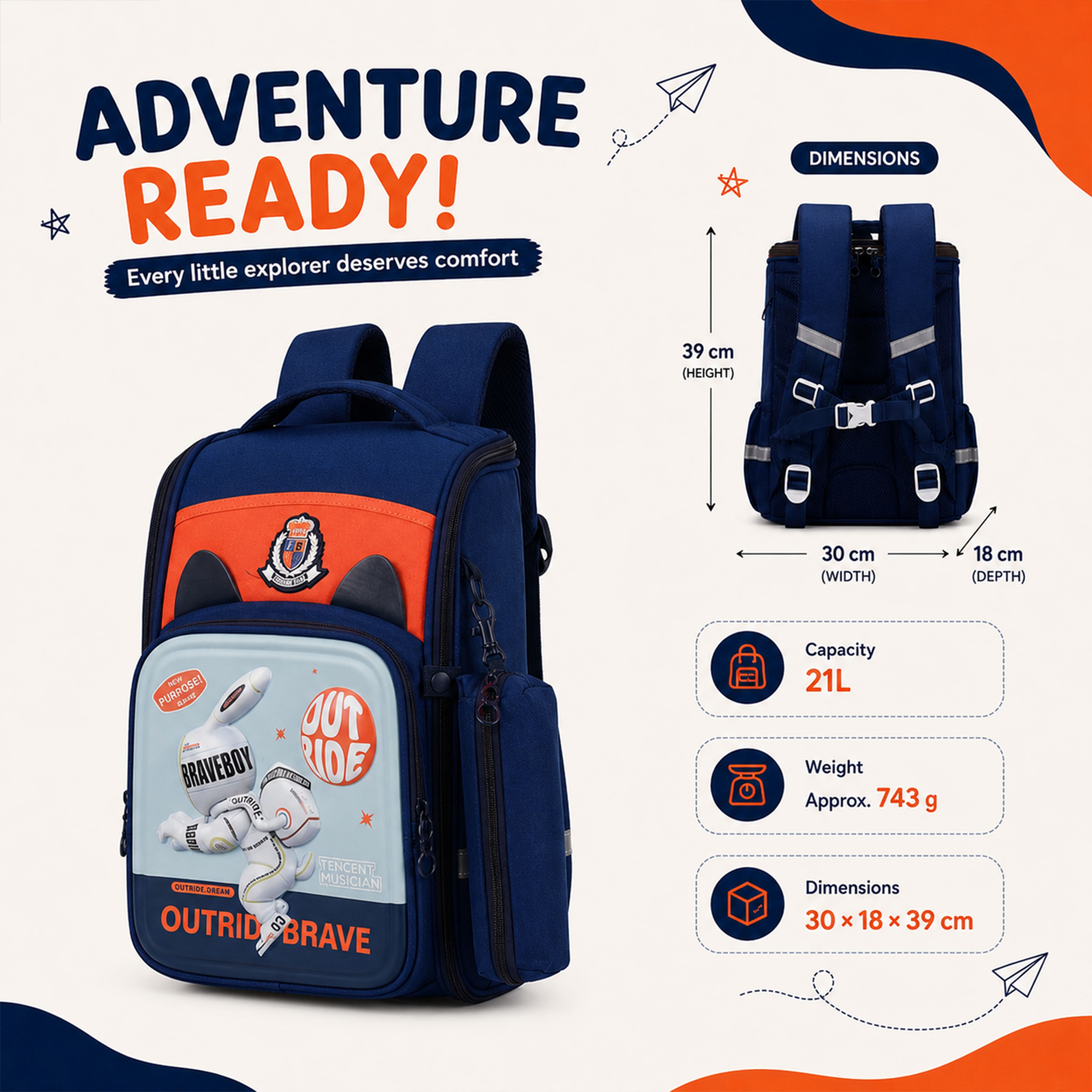 Young Minds Kids Backpack – Durable, Stylish & Spacious School Bag (Blue & Orange)