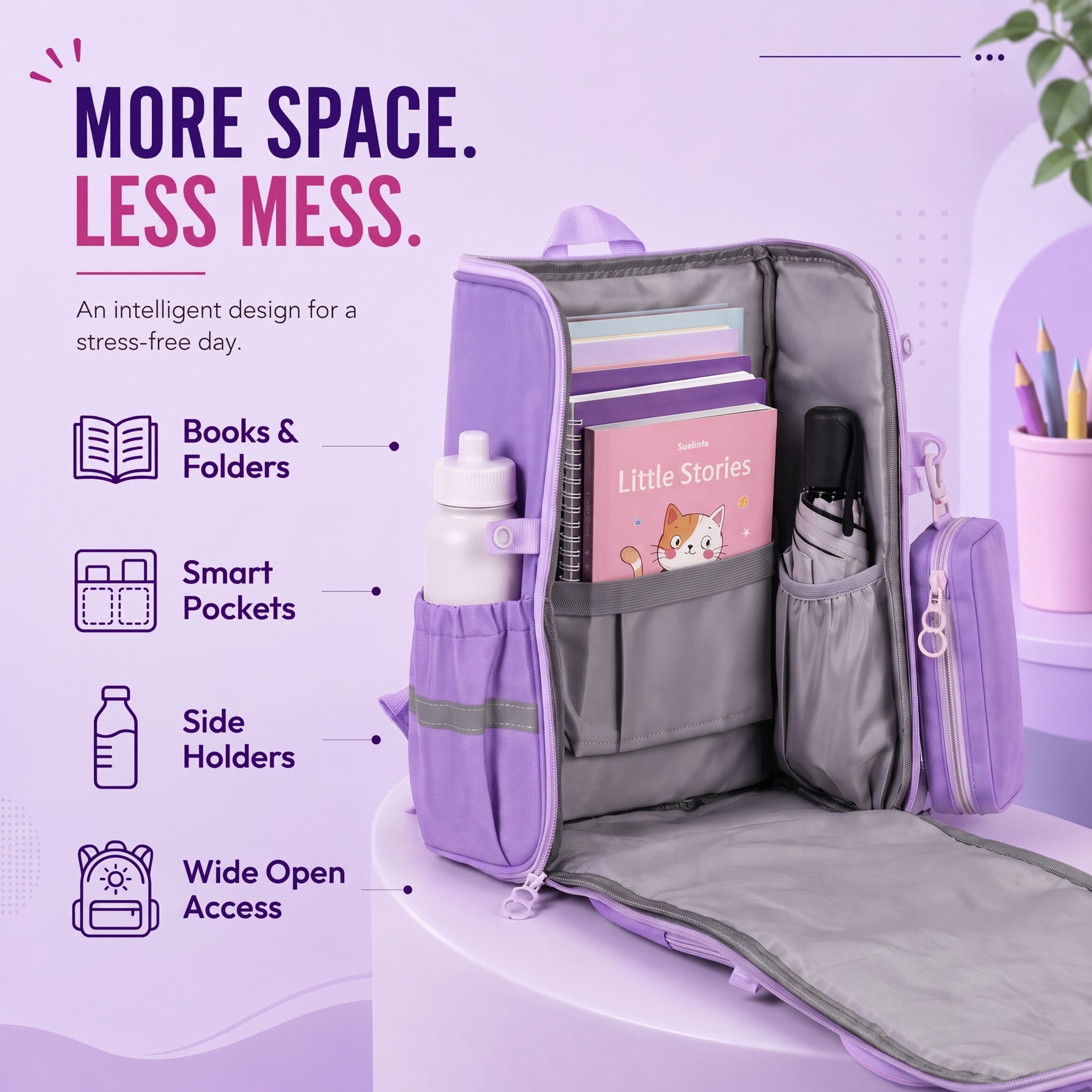 Young Minds Kids Backpack – Durable, Stylish & Spacious School Bag (Purple)