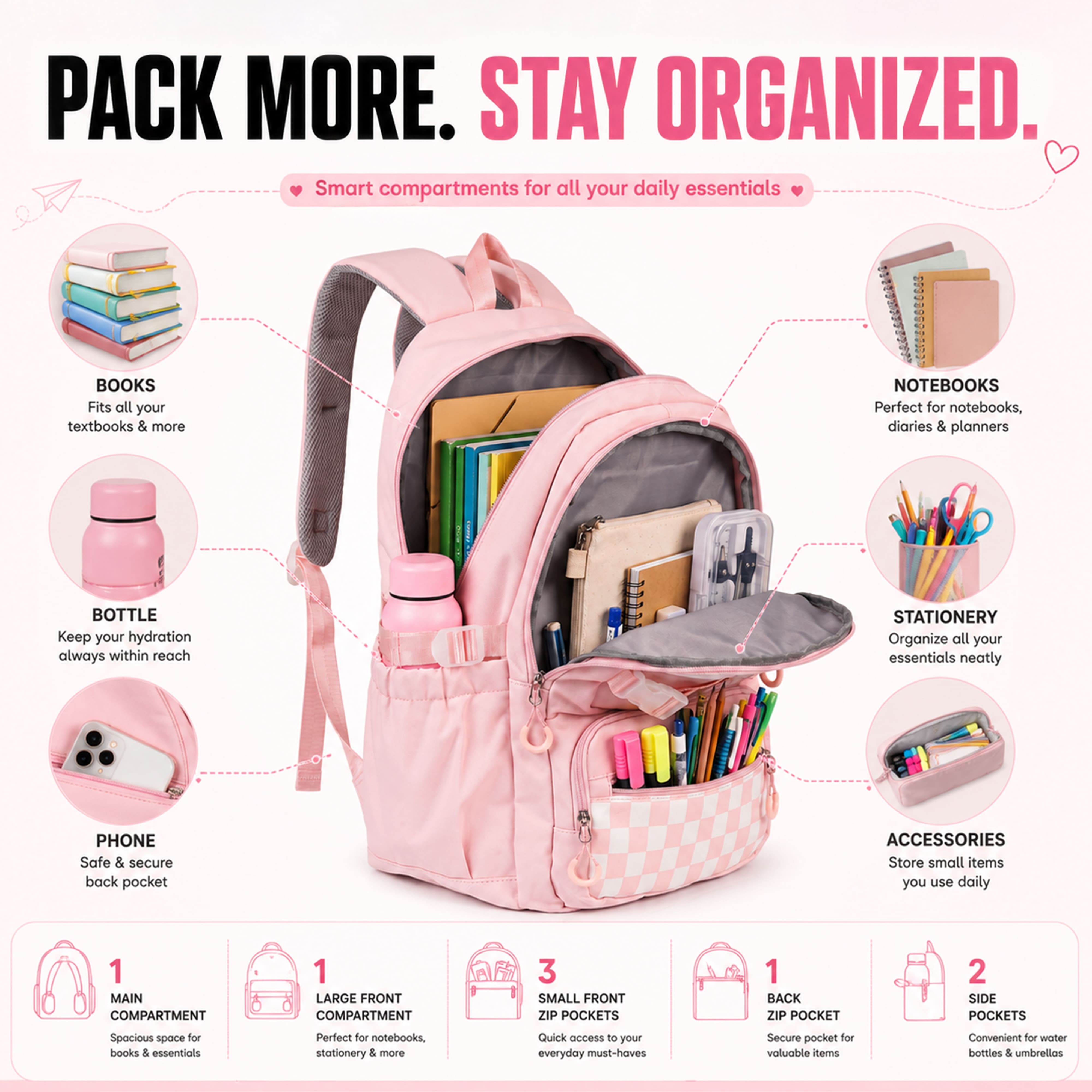 Buy MyneeMoe Sweet Pastel Girls Backpack – Durable, Stylish & Spacious School Bag (Pink) - School Bag at MyneeMoe Online In India