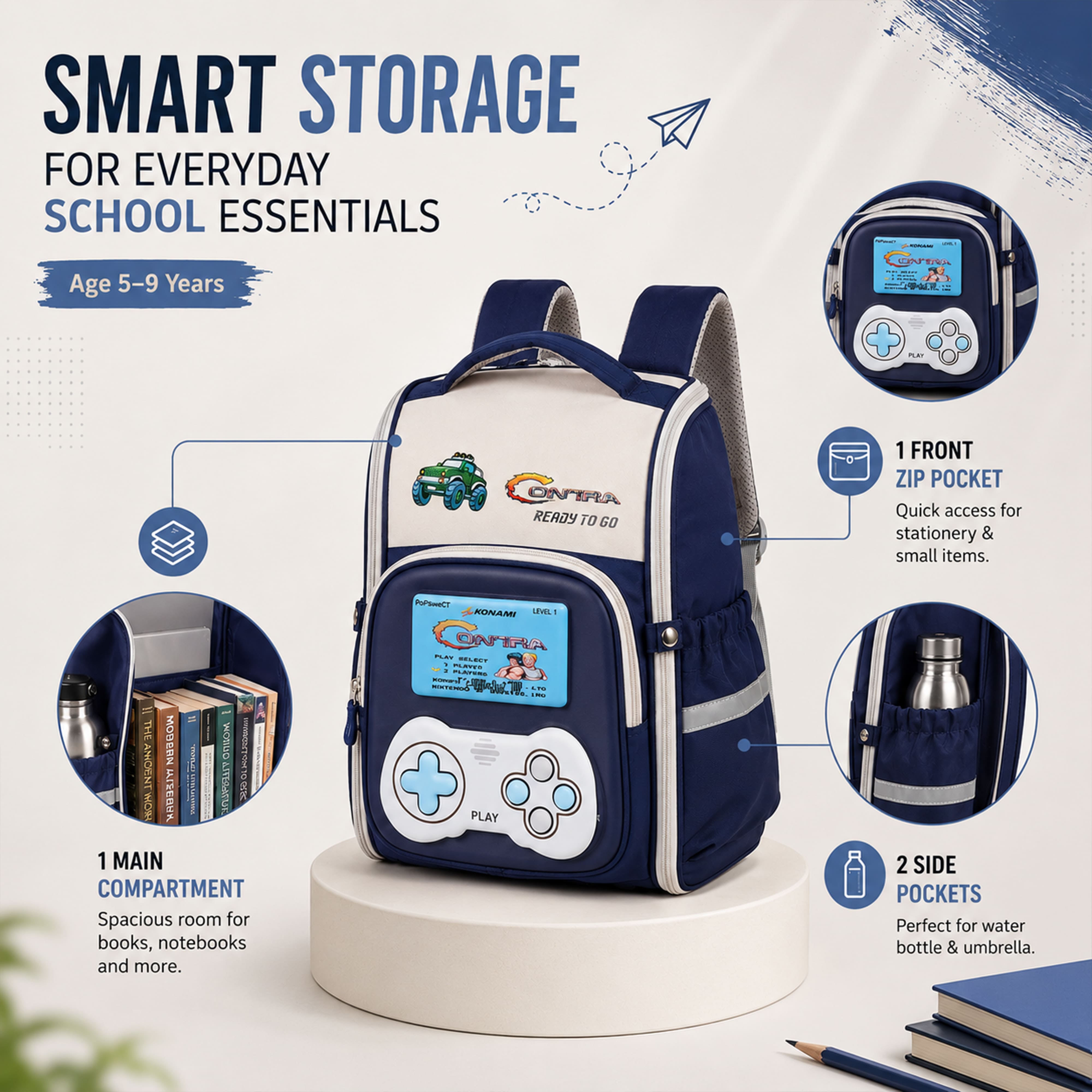 Play Box Kids School Backpack – Durable, Stylish & Spacious School Bag (Blue & Grey)