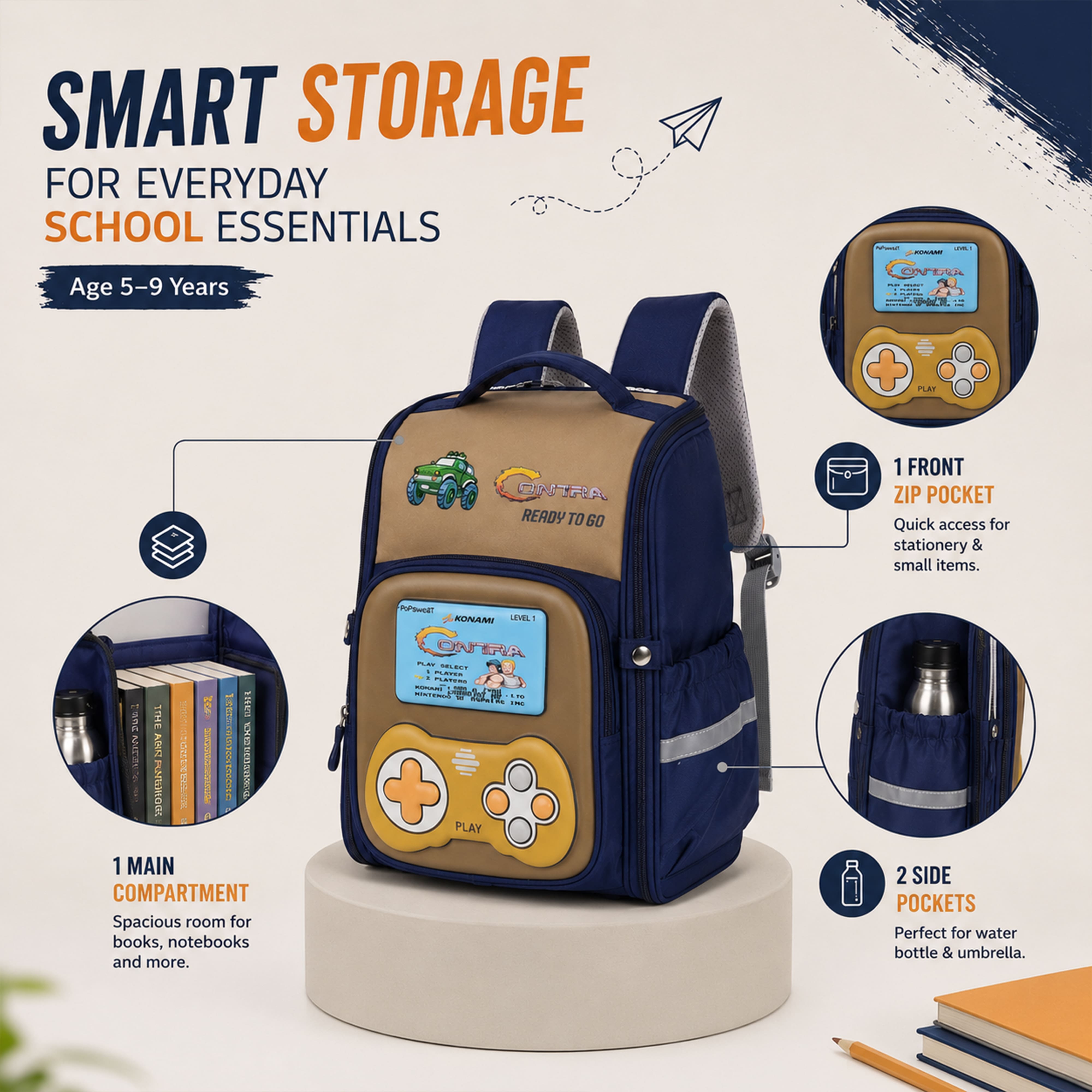 Play Box Kids School Backpack – Durable, Stylish & Spacious School Bag (Blue & Brown)