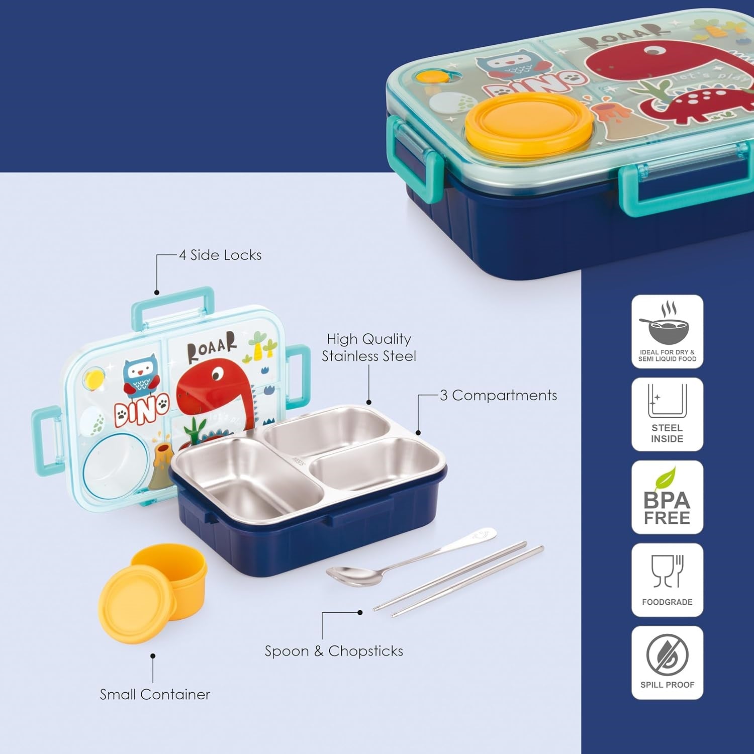 Buy MyneeMoe TiffyTales 3 Compartment Stainless Steel Bento Lunch Box With Cutlery - Draft at MyneeMoe Online In India