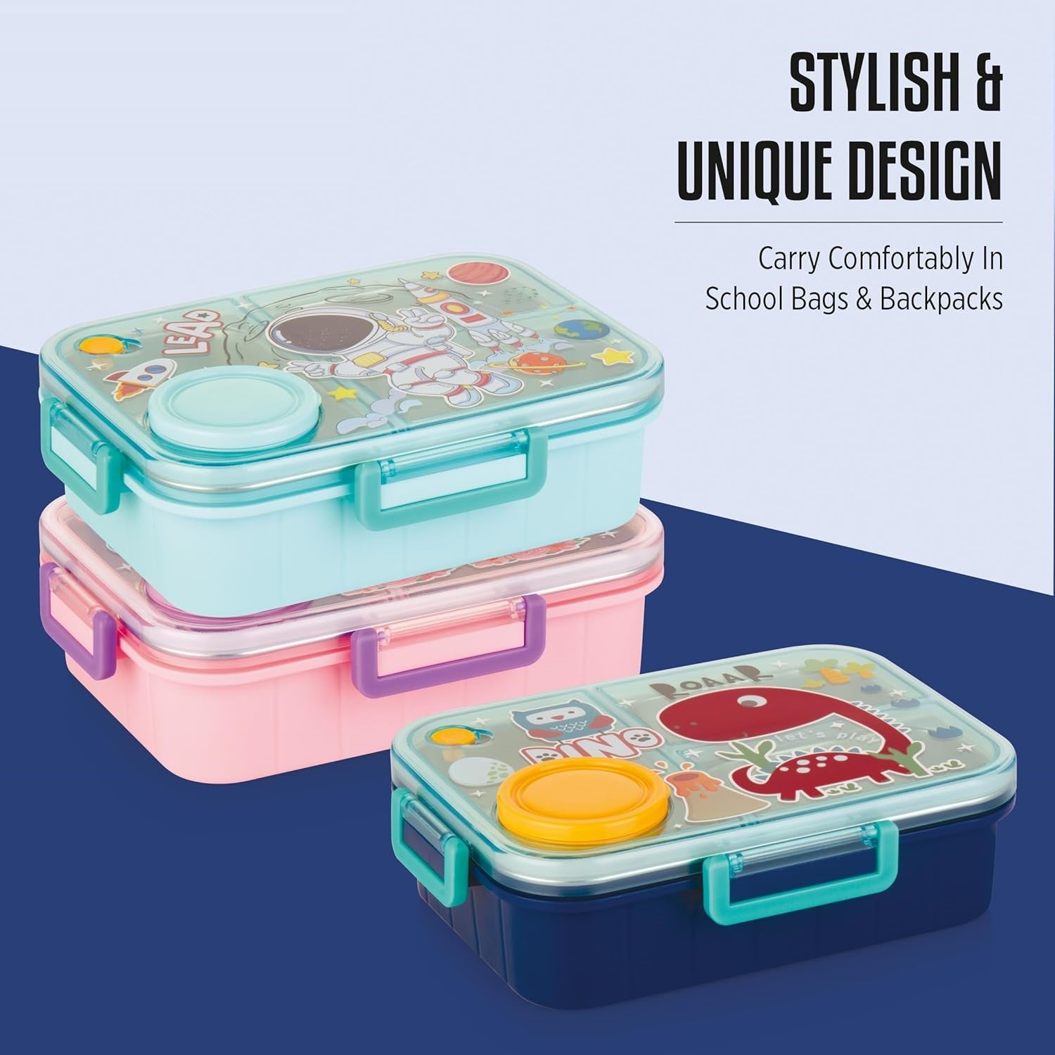 Buy MyneeMoe TiffyTales 3 Compartment Stainless Steel Bento Lunch Box With Cutlery - Draft at MyneeMoe Online In India