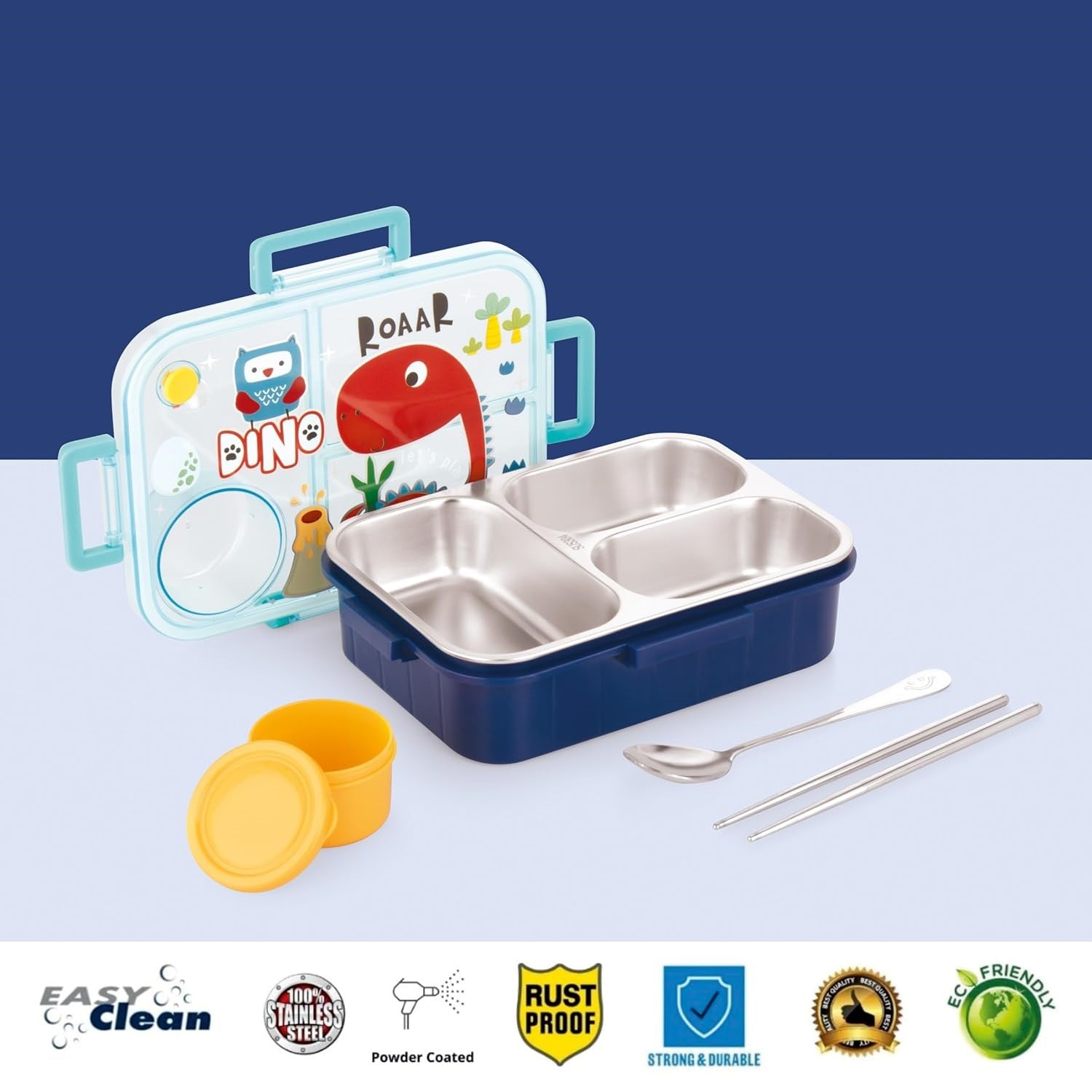 Buy MyneeMoe TiffyTales 3 Compartment Stainless Steel Bento Lunch Box With Cutlery - Draft at MyneeMoe Online In India