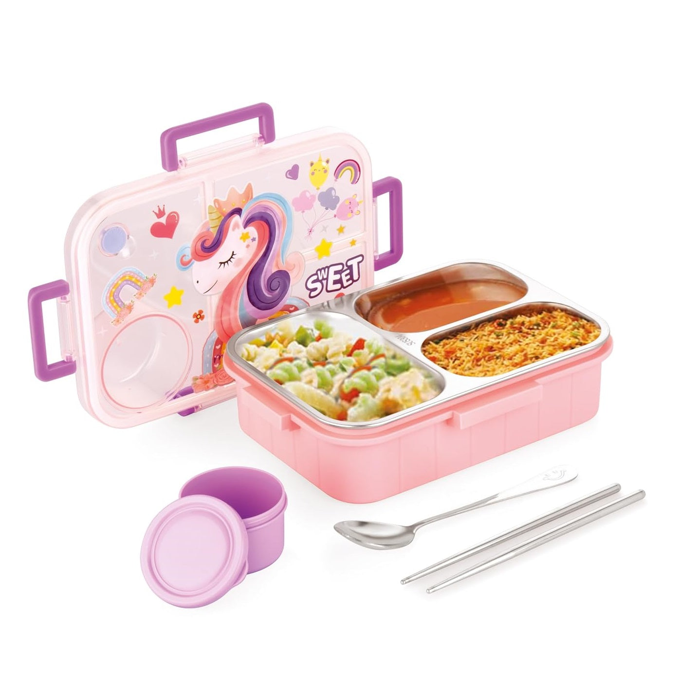 Buy MyneeMoe TiffyTales 3 Compartment Stainless Steel Bento Lunch Box With Cutlery Unicorn - Draft at MyneeMoe Online In India