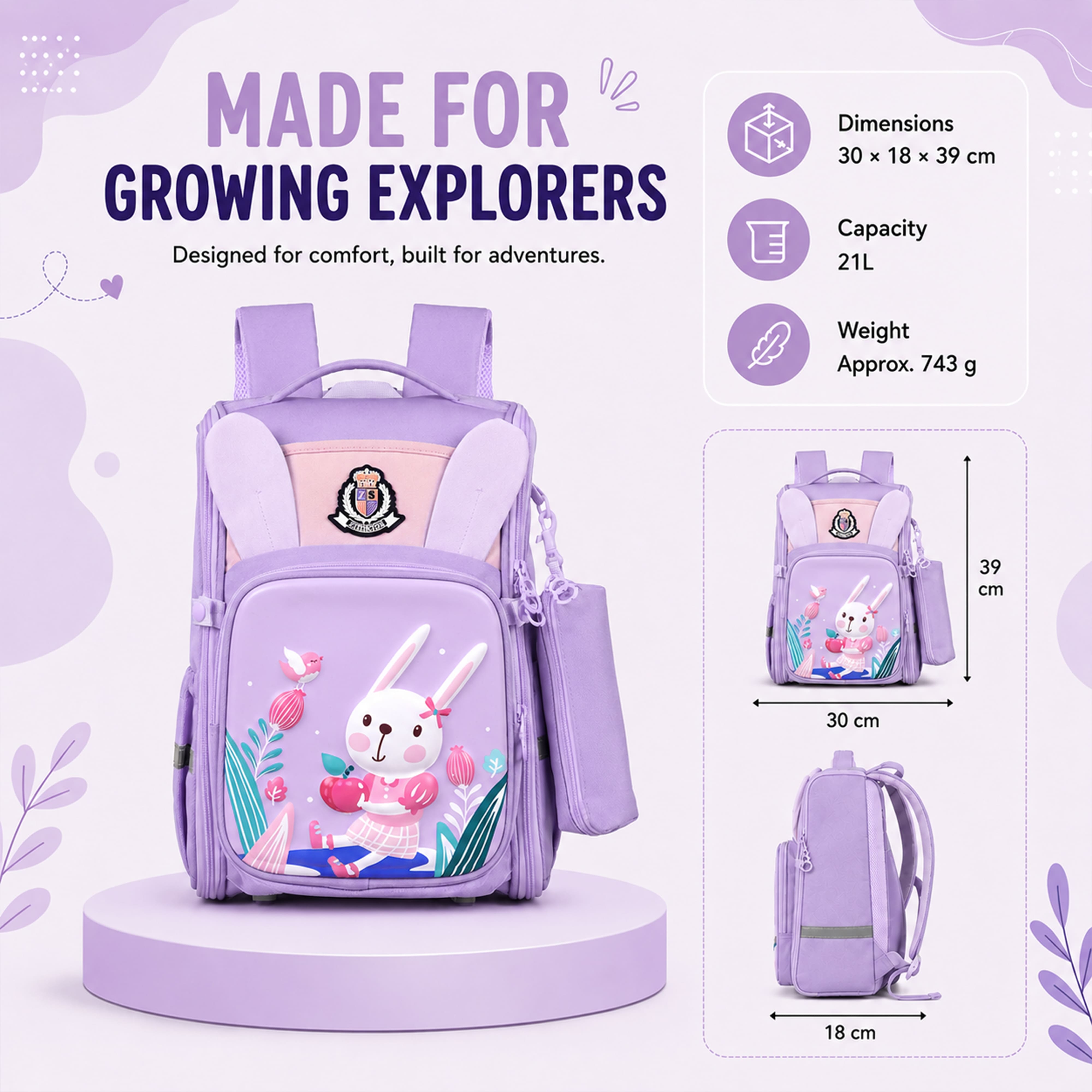 Young Minds Kids Backpack – Durable, Stylish & Spacious School Bag (Purple)