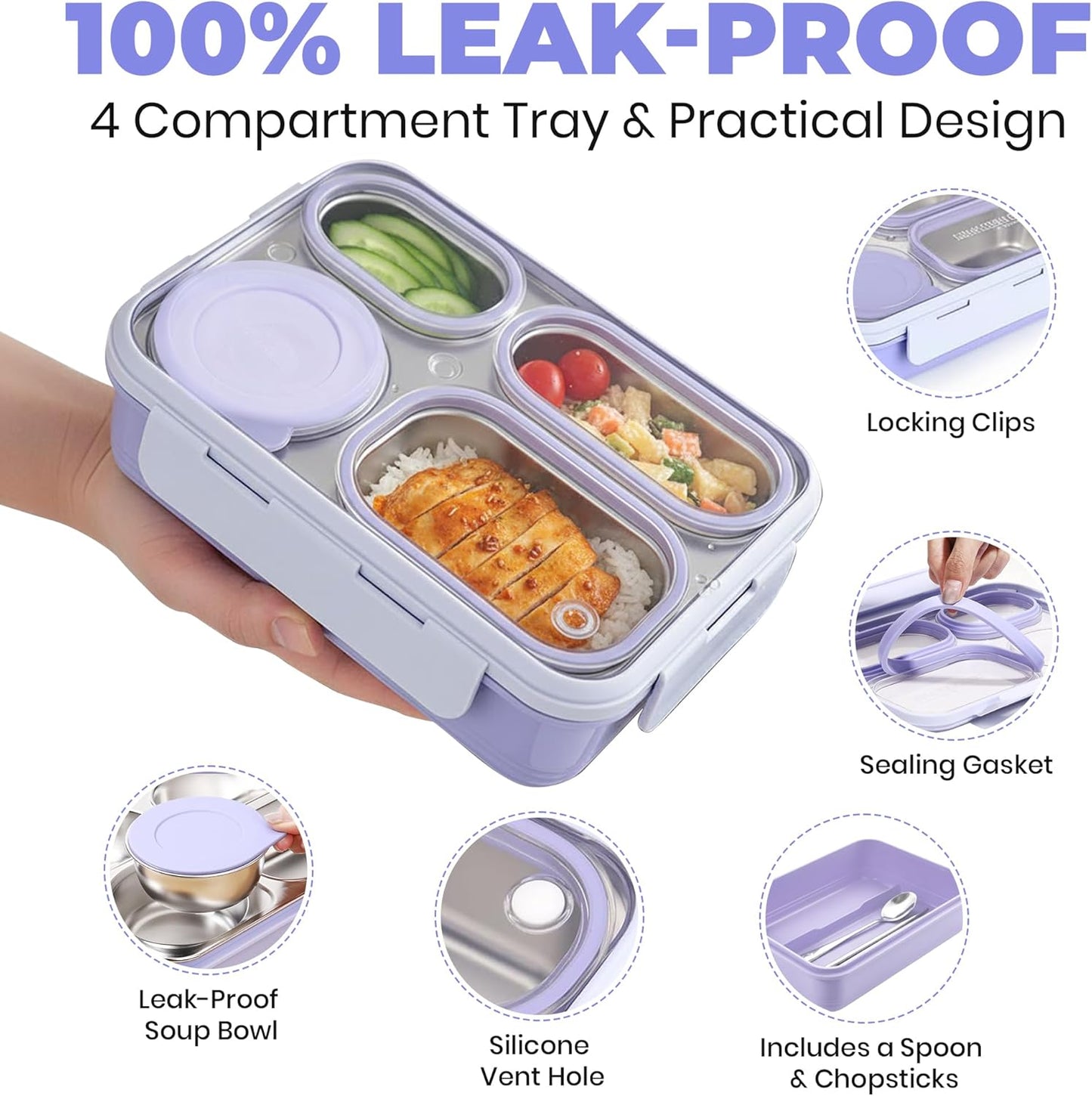 Hearty Meal 4 Compartment Stainless Steel Bento Lunch Box with Bowl