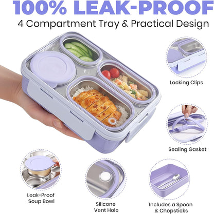 Hearty Meal 4 Compartment Stainless Steel Bento Lunch Box with Bowl