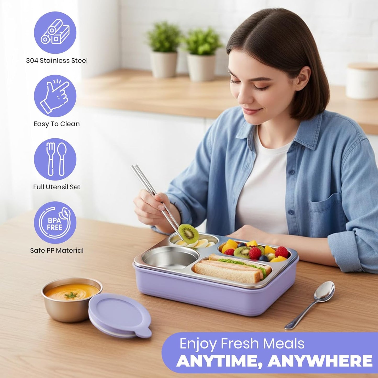 Hearty Meal 4 Compartment Stainless Steel Bento Lunch Box with Bowl