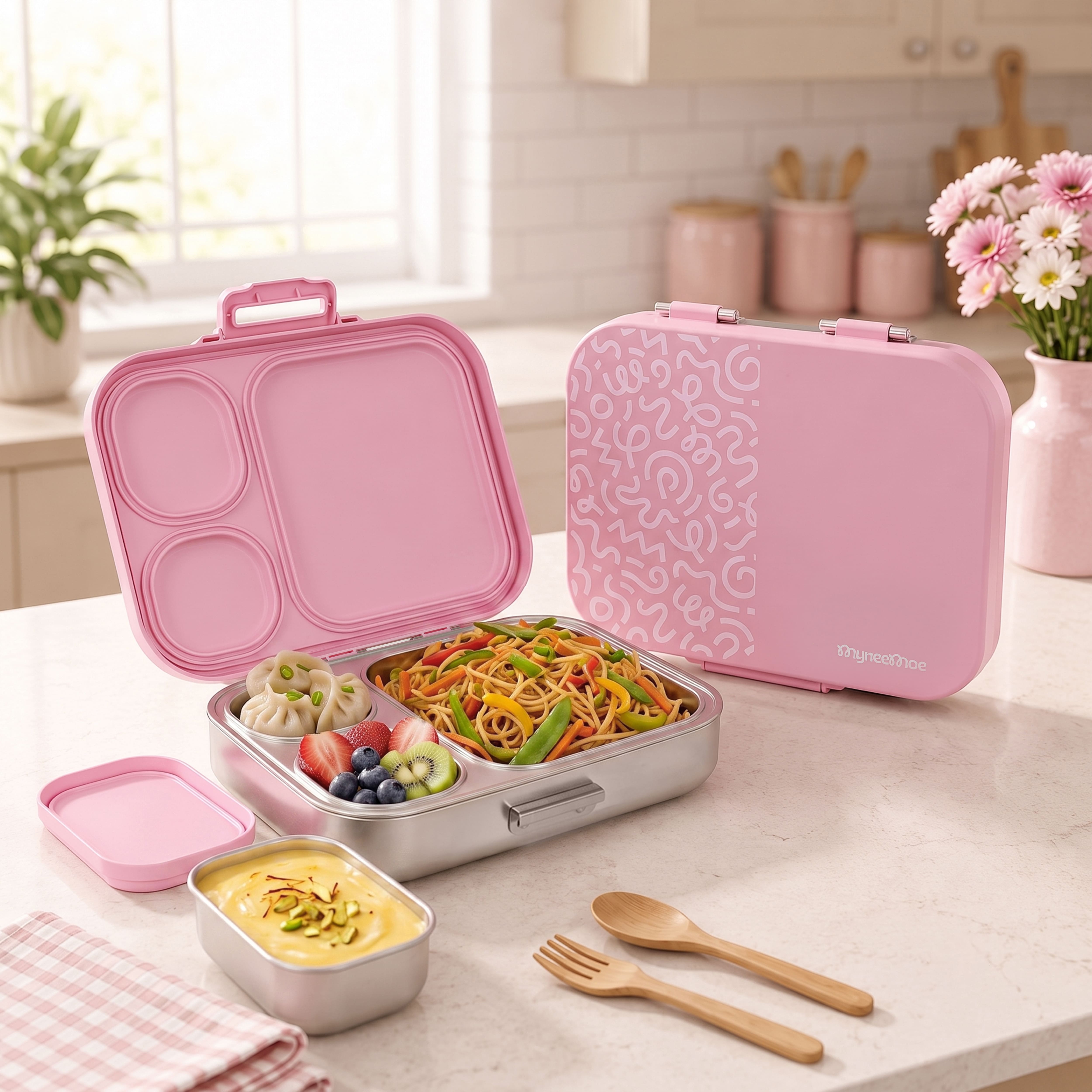 Buy MyneeMoe Cubix Stainless Steel Bento Lunch Box - Abstract Pink - at MyneeMoe Online In India