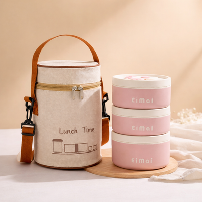 LunchMate 3 Compartment Stainless Steel Lunch Box with Bag Microwave Safe