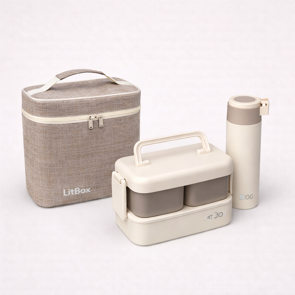Buy MyneeMoe LitBox 3 Compartment Stainless Steel Lunch Box With Insulated Lunch Bag Beige - Lunch Box at MyneeMoe Online In India