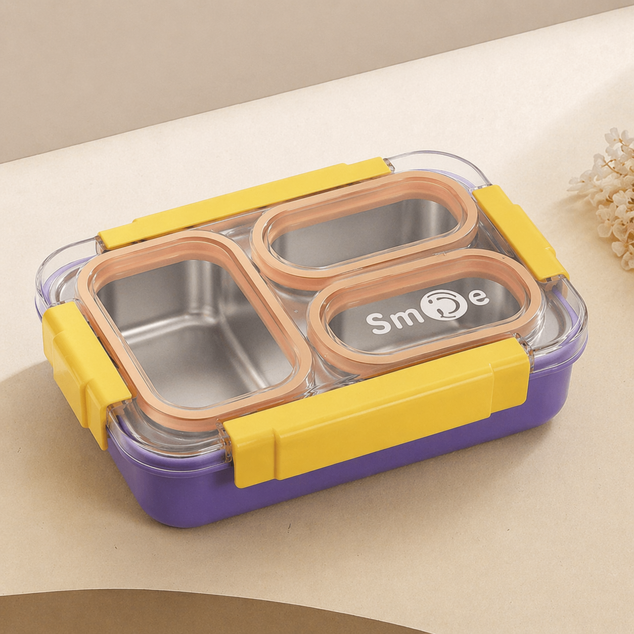 Buy MyneeMoe Toki Buffet 3 Compartment Stainless Steel Bento Box with Cutlery Purple & Yellow - Bento Lunch Box at MyneeMoe Online In India