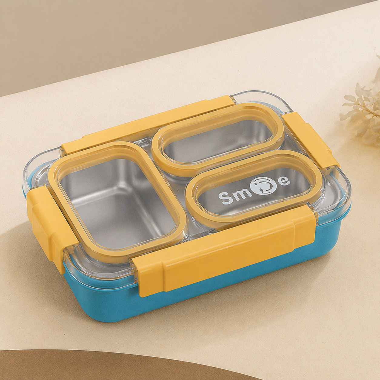 Buy MyneeMoe Toki Buffet 3 Compartment Stainless Steel Bento Box with Cutlery Blue & Yellow - Bento Lunch Box at MyneeMoe Online In India