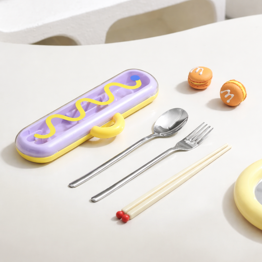 Buy MyneeMoe GoBite Travel Cutlery Set – Spoon, Fork & Chopsticks in Cute Case Purple - Cutlery Set at MyneeMoe Online In India