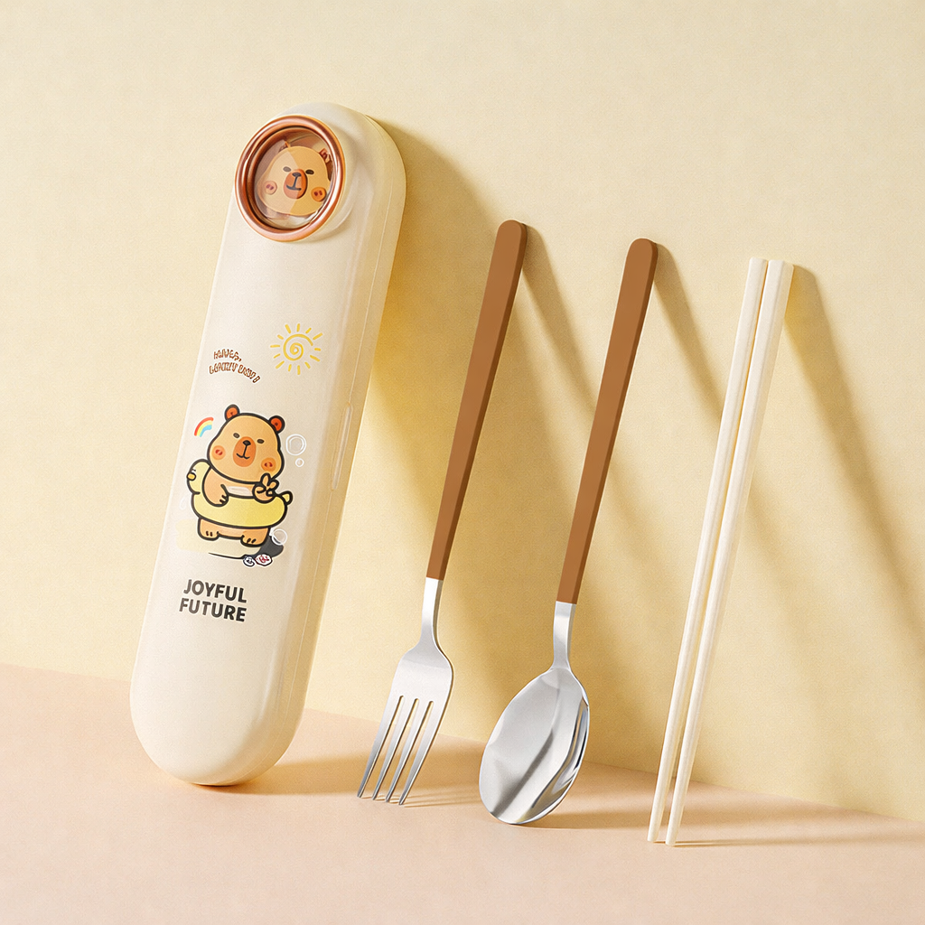 Buy MyneeMoe JoyPop Travel Cutlery Set – Spoon, Fork & Chopsticks in Cute Case Beige - Cutlery Set at MyneeMoe Online In India
