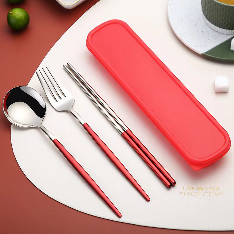 Buy Colorful Stainless Steel Cutlery Set of 3 - Spoon, Fork & Chopsticks Included Red & Silver at MyneeMoe Online In India