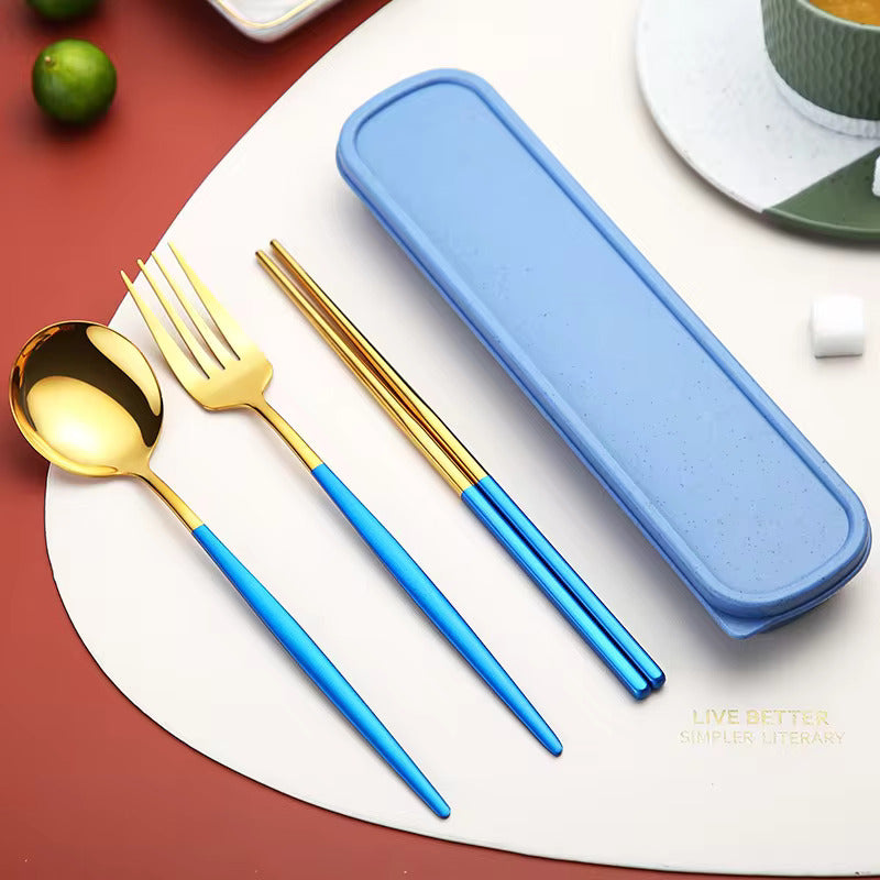 Buy Colorful Stainless Steel Cutlery Set of 3 - Spoon, Fork & Chopsticks Included Blue & Gold at MyneeMoe Online In India