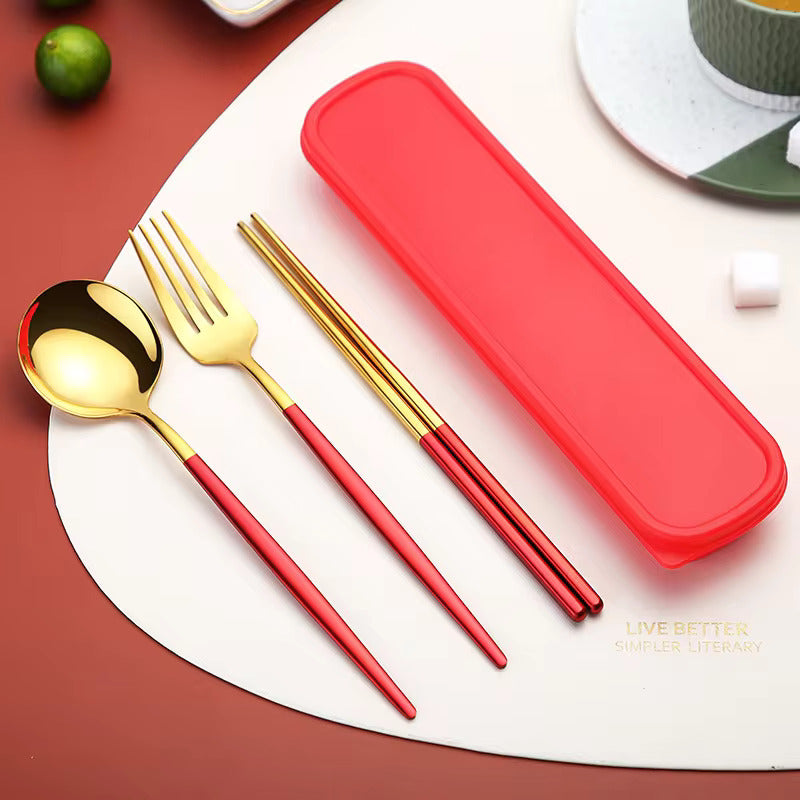 Buy Colorful Stainless Steel Cutlery Set of 3 - Spoon, Fork & Chopsticks Included Red & Gold at MyneeMoe Online In India