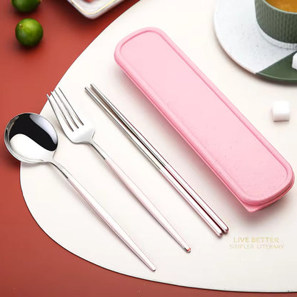 Buy Colorful Stainless Steel Cutlery Set of 3 - Spoon, Fork & Chopsticks Included Pink & SIlver at MyneeMoe Online In India