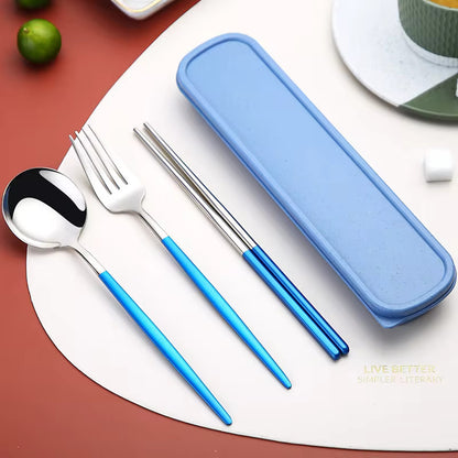 Buy Colorful Stainless Steel Cutlery Set of 3 - Spoon, Fork & Chopsticks Included Blue & Silver at MyneeMoe Online In India