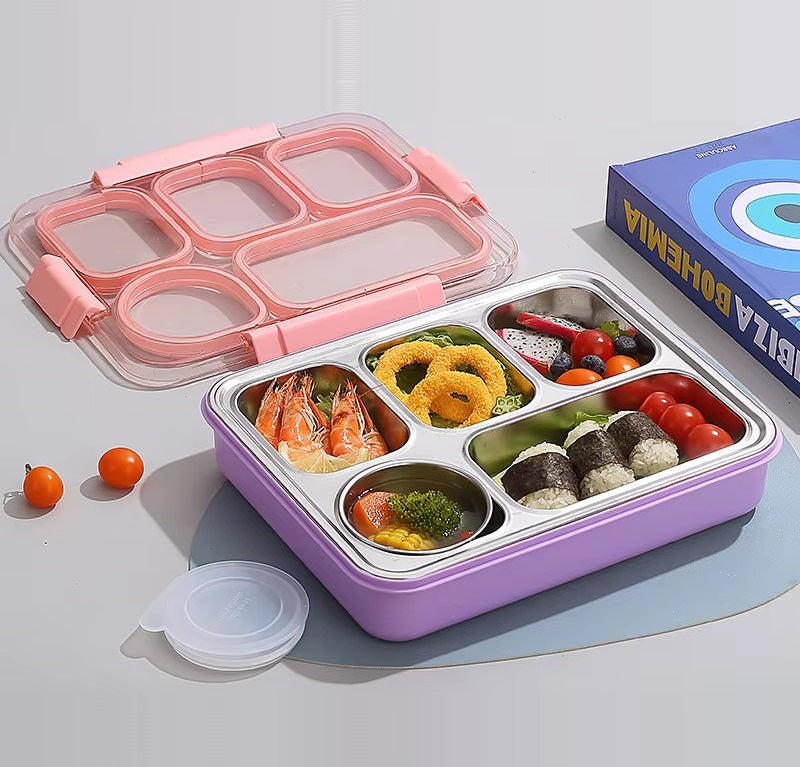 Buy Wholesome Eats 5-Compartment Bento Lunch Box with Bowl Pink & Purple at MyneeMoe Online In India