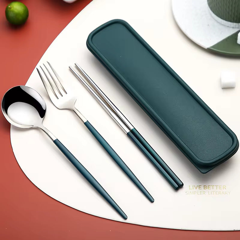 Buy Colorful Stainless Steel Cutlery Set of 3 - Spoon, Fork & Chopsticks Included Green & Silver at MyneeMoe Online In India