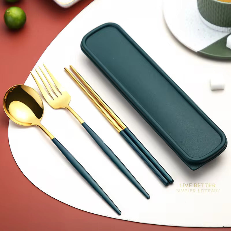 Buy Colorful Stainless Steel Cutlery Set of 3 - Spoon, Fork & Chopsticks Included Green & Gold at MyneeMoe Online In India