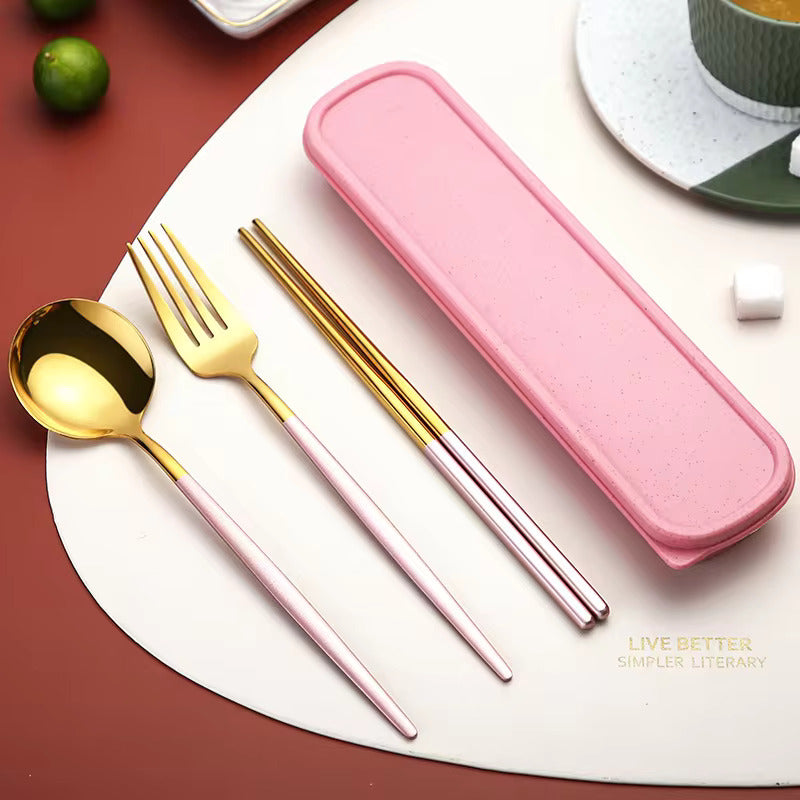 Buy Colorful Stainless Steel Cutlery Set of 3 - Spoon, Fork & Chopsticks Included Pink & Gold at MyneeMoe Online In India