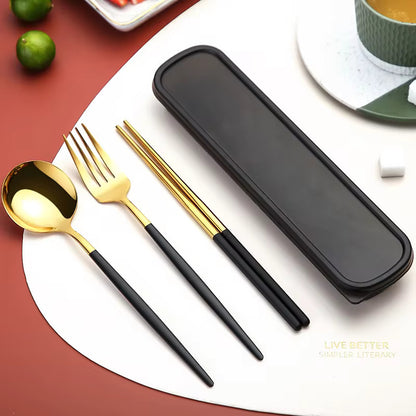 Buy Colorful Stainless Steel Cutlery Set of 3 - Spoon, Fork & Chopsticks Included Black & Gold at MyneeMoe Online In India