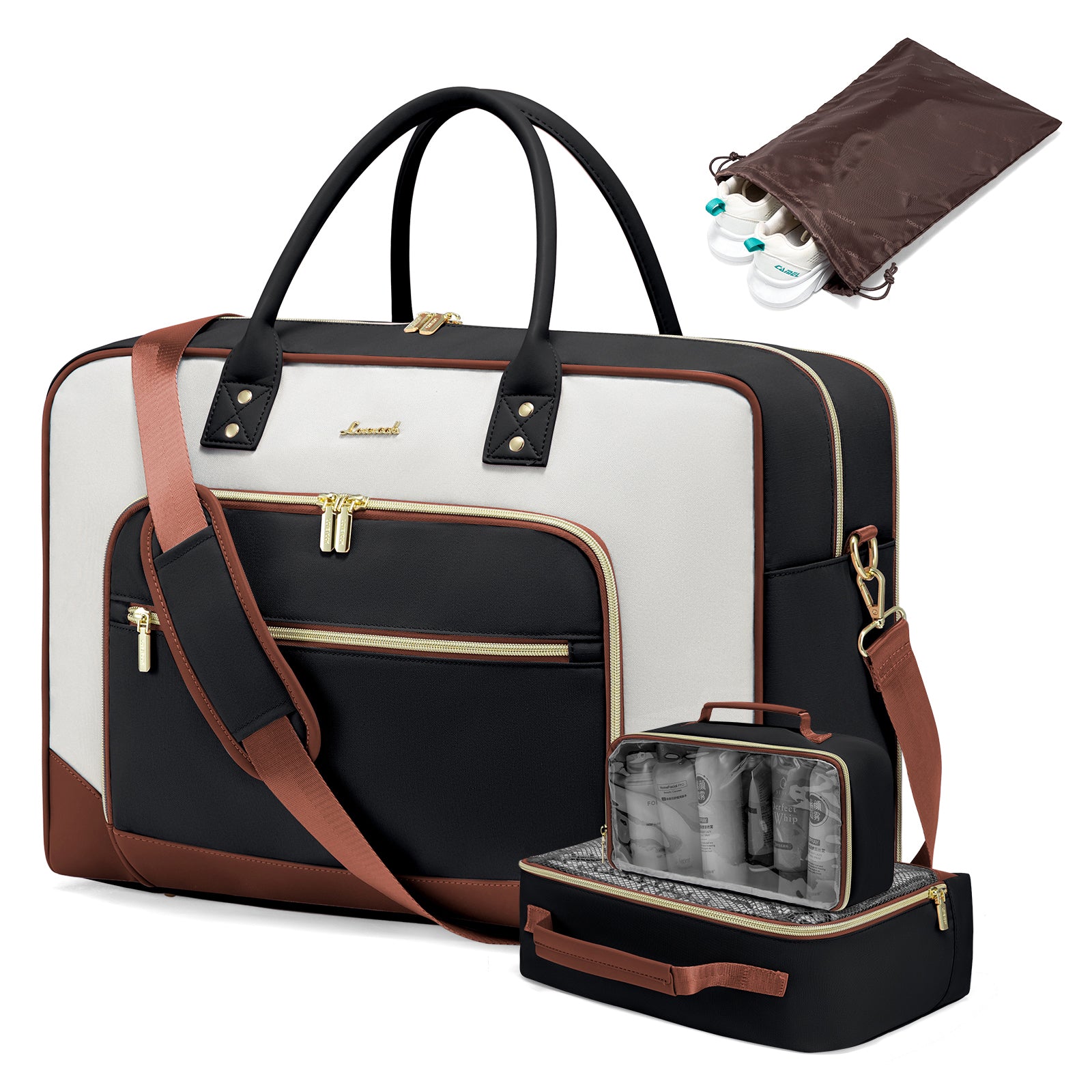 Buy Lovevook 4-Piece Travel Set: Duffel, Shoe Bag, Toiletry Case & Packing Cube Beige & Black at MyneeMoe Online In India