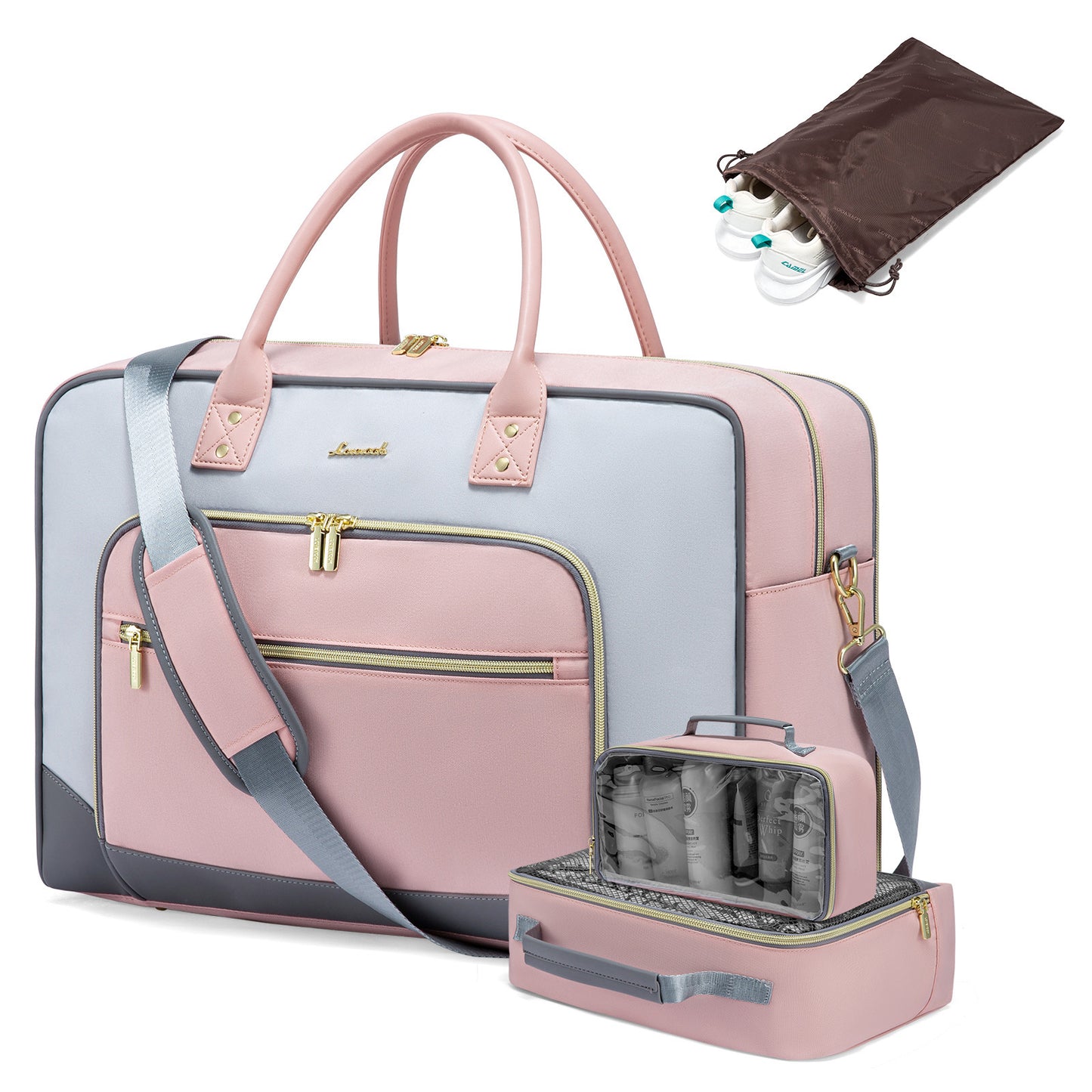 Buy Lovevook 4-Piece Travel Set: Duffel, Shoe Bag, Toiletry Case & Packing Cube Gray & Pink at MyneeMoe Online In India