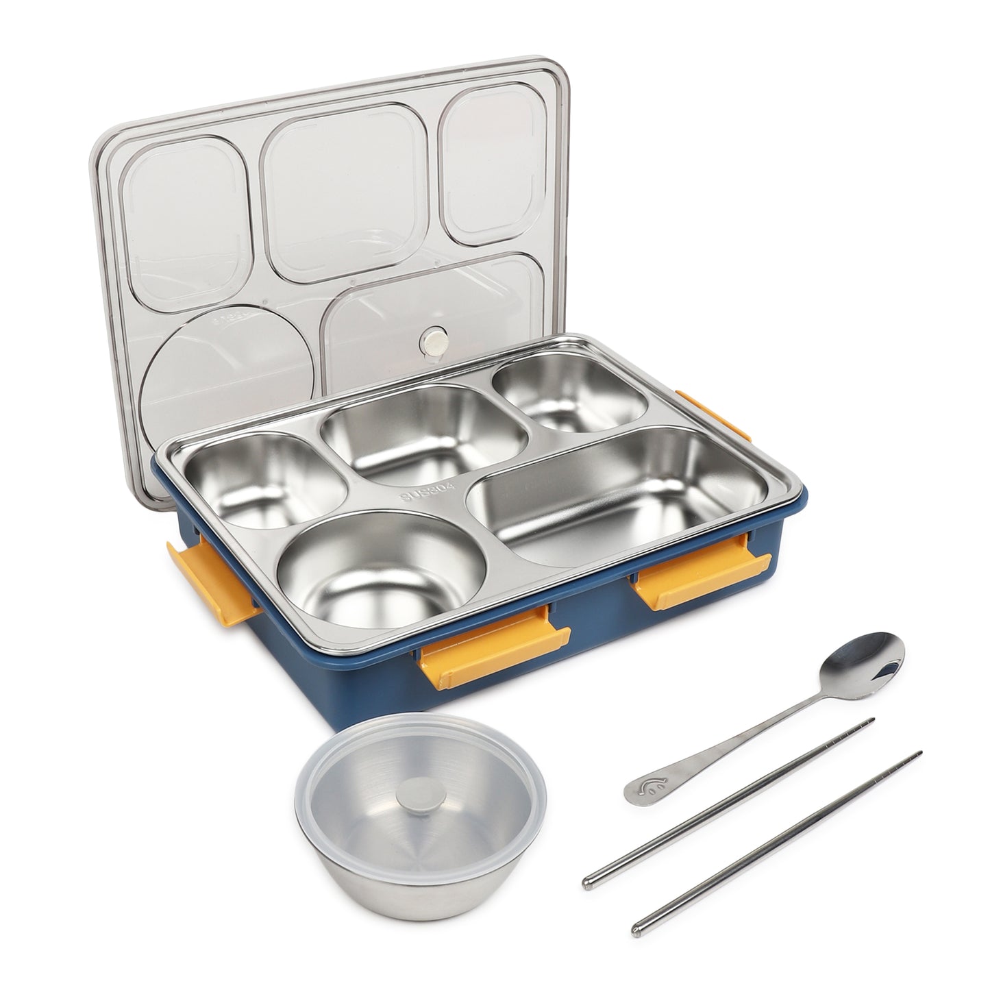 Buy 5 Compartment Stainless Steel Lunch Box With Dibbie Blue & Yellow at MyneeMoe Online In India