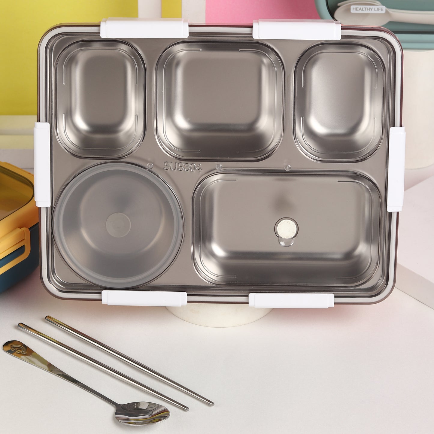 Buy 5 Compartment Stainless Steel Lunch Box With Dibbie at MyneeMoe Online In India