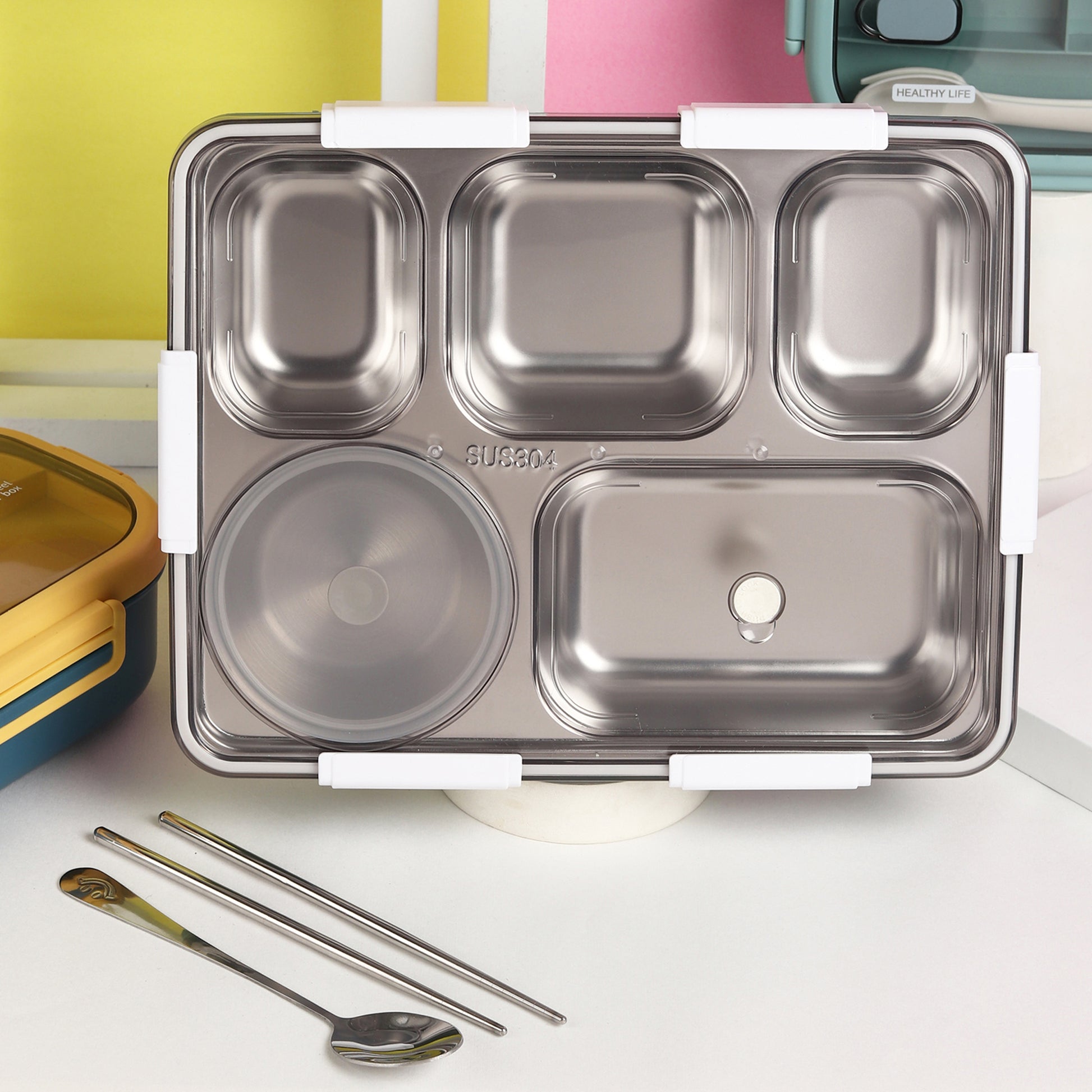 Buy 5 Compartment Stainless Steel Lunch Box With Dibbie at MyneeMoe Online In India