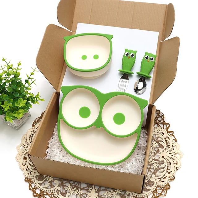 Buy 'Cartoon Owl' Suction Feeding Set Green at Myneemoe Online In India