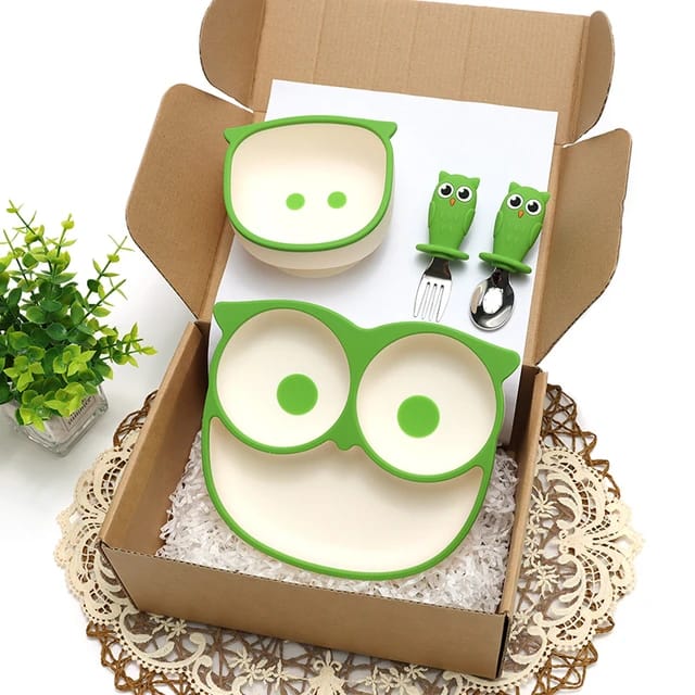 Buy MyneeMoe Cartoon Owl Suction Feeding Set - Customised Testing Green - at MyneeMoe Online In India